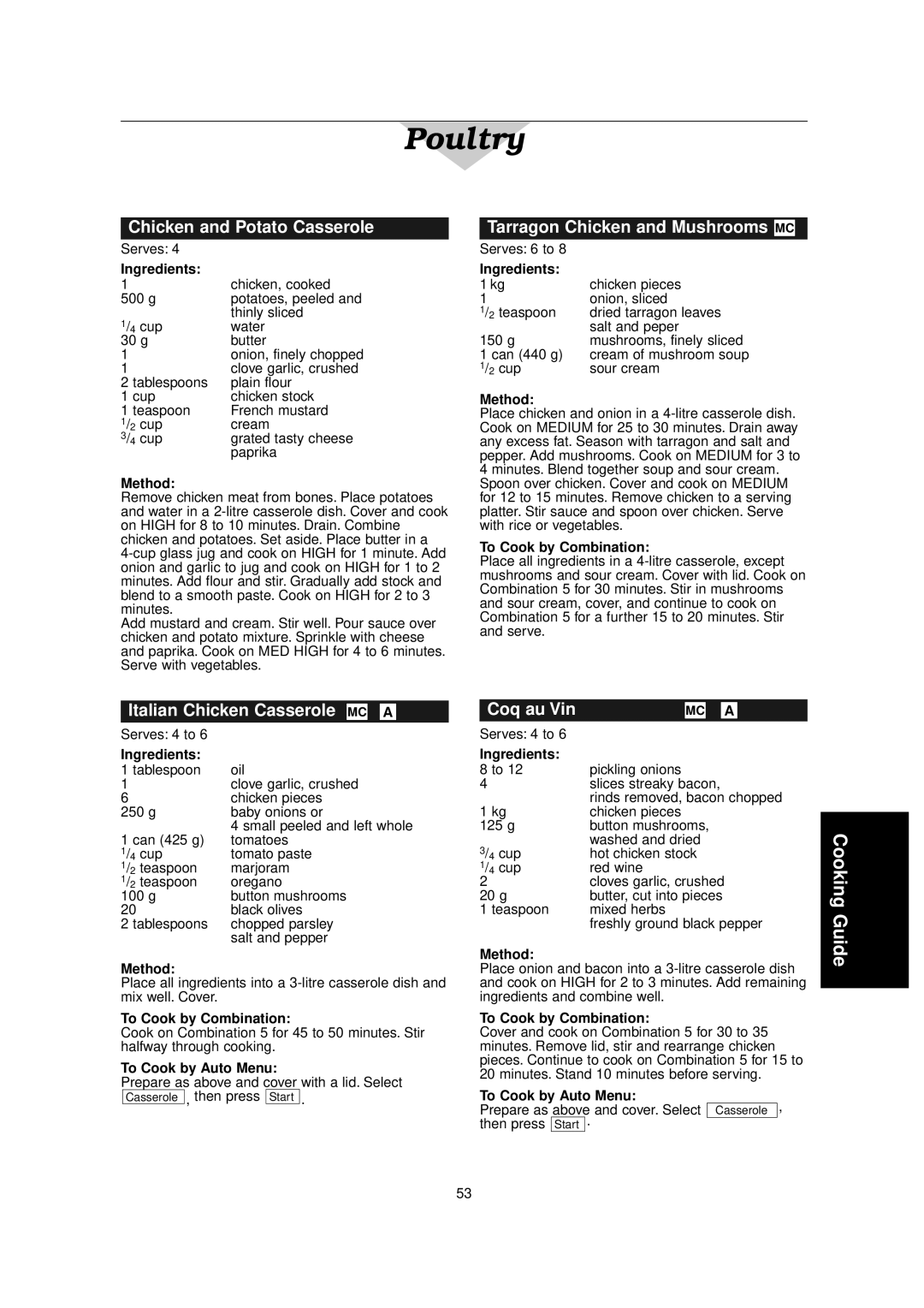 Panasonic NN-C2000W manual Chicken and Potato Casserole, Tarragon Chicken and Mushrooms MC, Italian Chicken Casserole MC a 