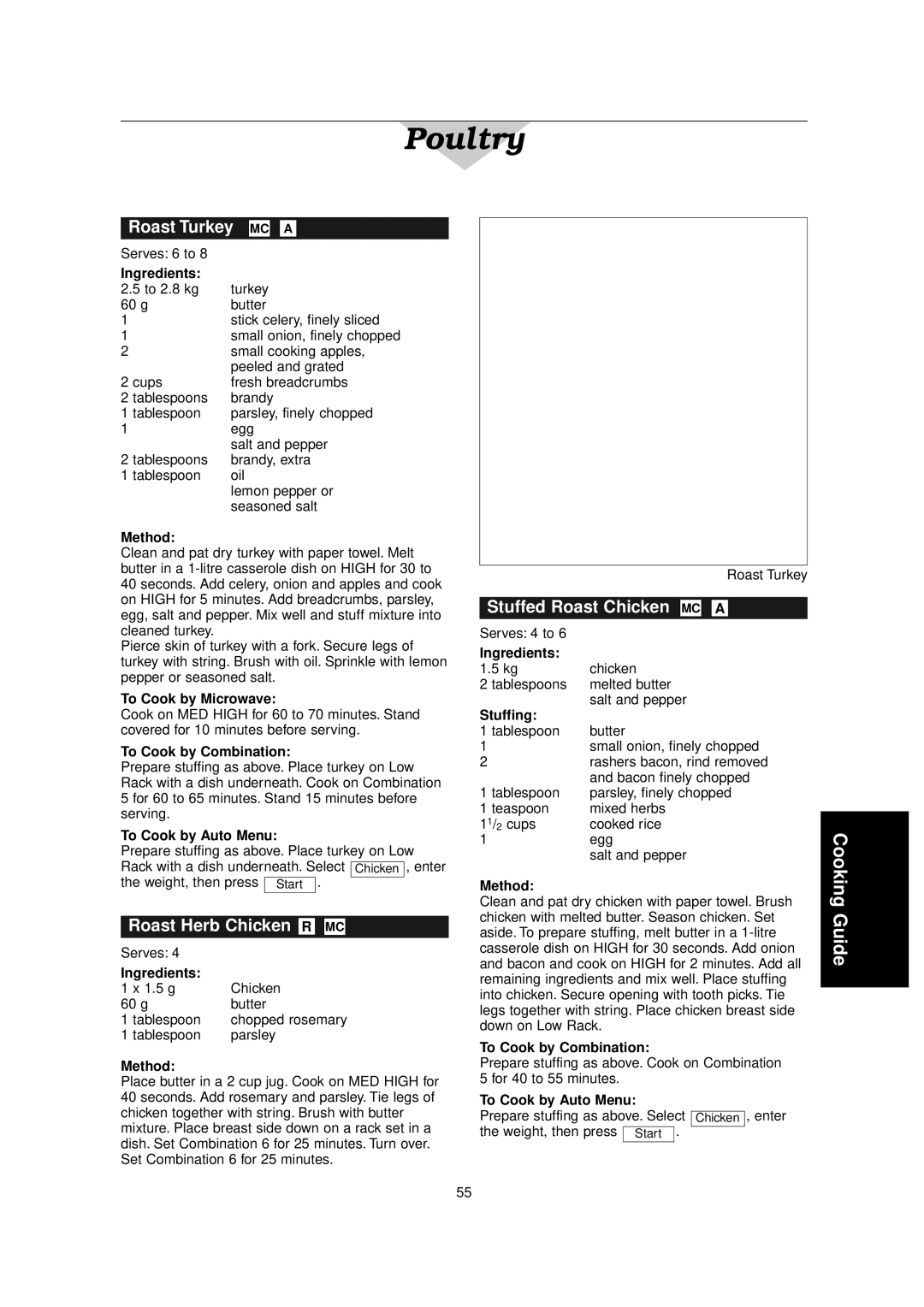 Panasonic NN-C2000W manual Roast Turkey MC a, Roast Herb Chicken R MC, Stuffed Roast Chicken MC a 