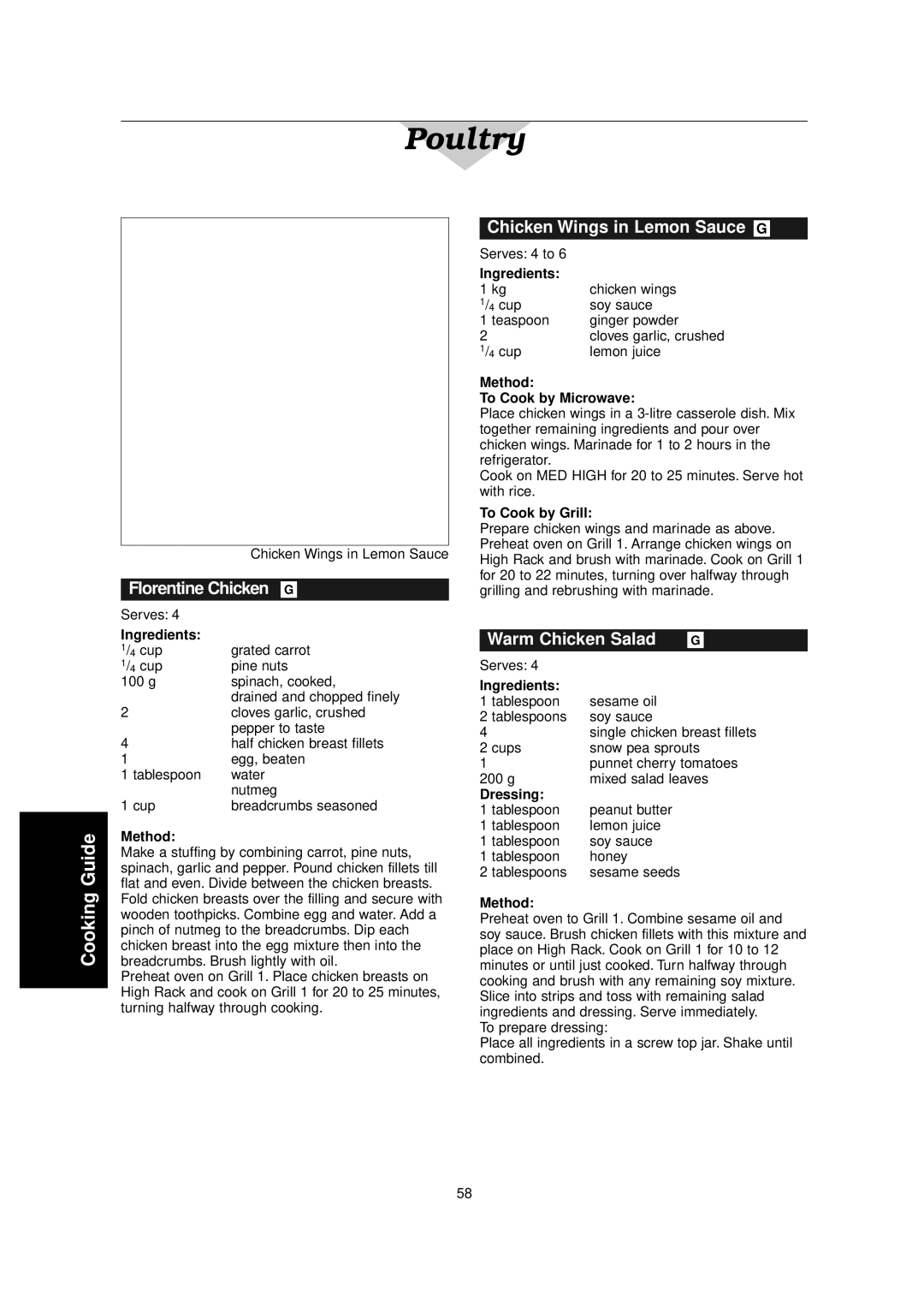 Panasonic NN-C2000W manual Chicken Wings in Lemon Sauce G, Warm Chicken Salad, Method To Cook by Microwave, Dressing 