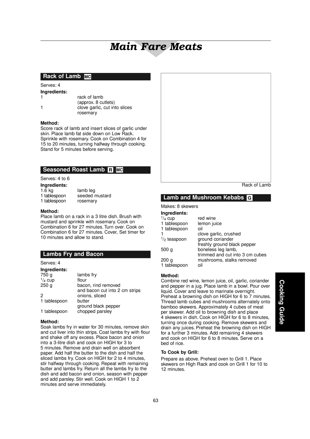 Panasonic NN-C2000W manual Rack of Lamb MC, Seasoned Roast Lamb R MC, Lambs Fry and Bacon, Lamb and Mushroom Kebabs G 