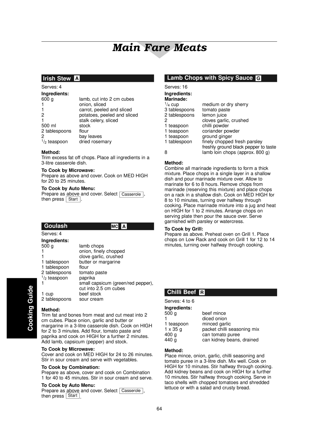 Panasonic NN-C2000W manual Irish Stew, Lamb Chops with Spicy Sauce G, Goulash, Chilli Beef, Ingredients Marinade 