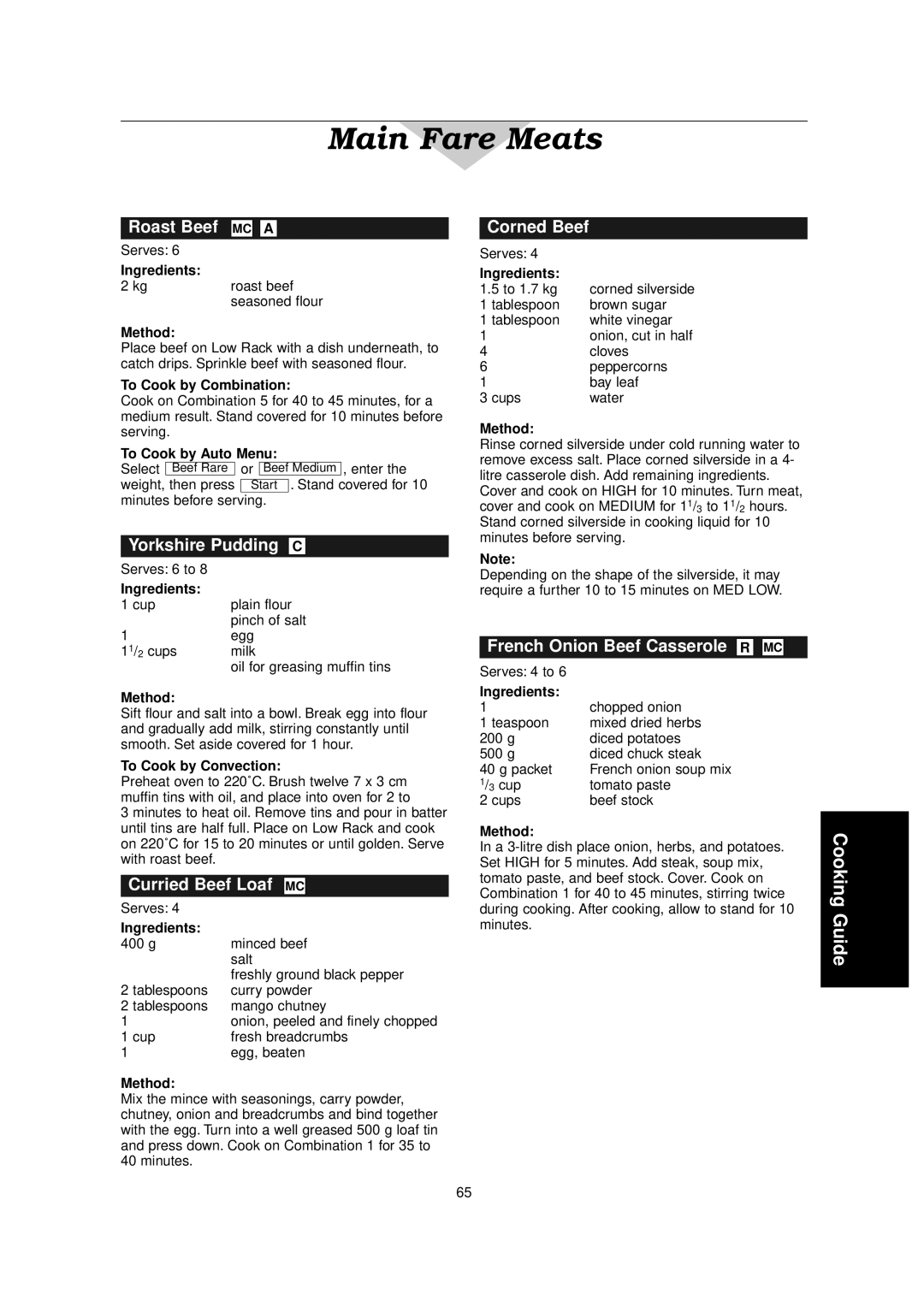 Panasonic NN-C2000W manual Roast Beef MC a, Yorkshire Pudding C, Curried Beef Loaf MC, Corned Beef 