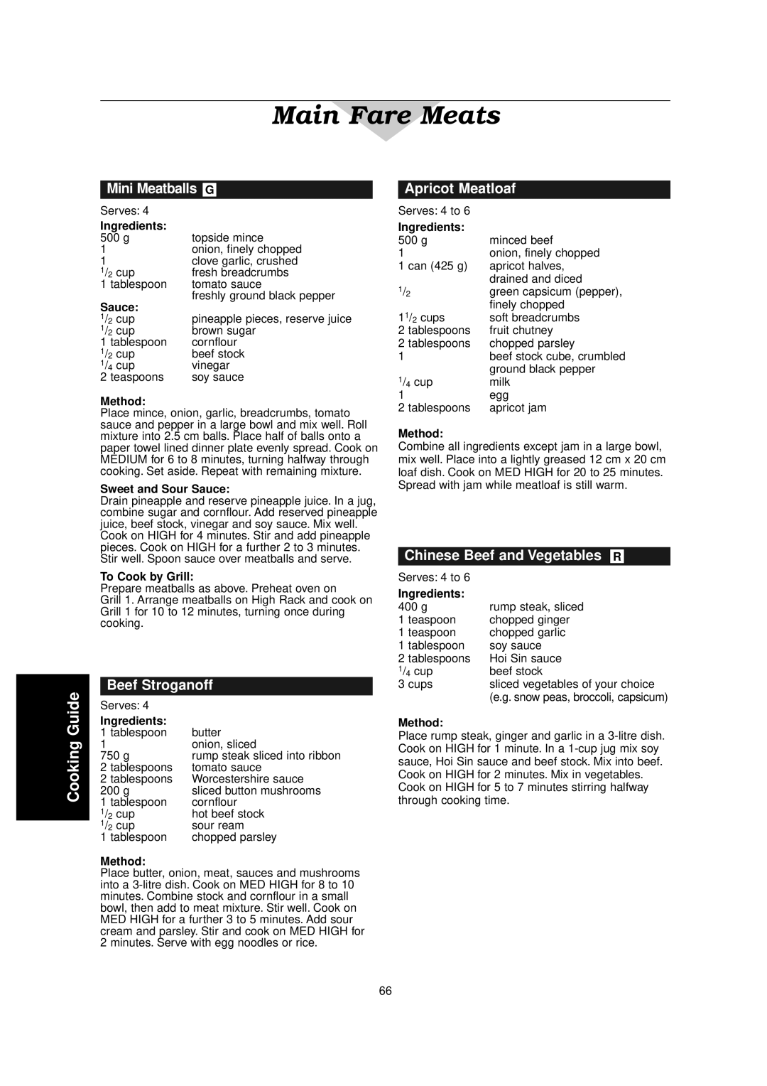 Panasonic NN-C2000W manual Mini Meatballs G, Beef Stroganoff, Apricot Meatloaf, Chinese Beef and Vegetables R 