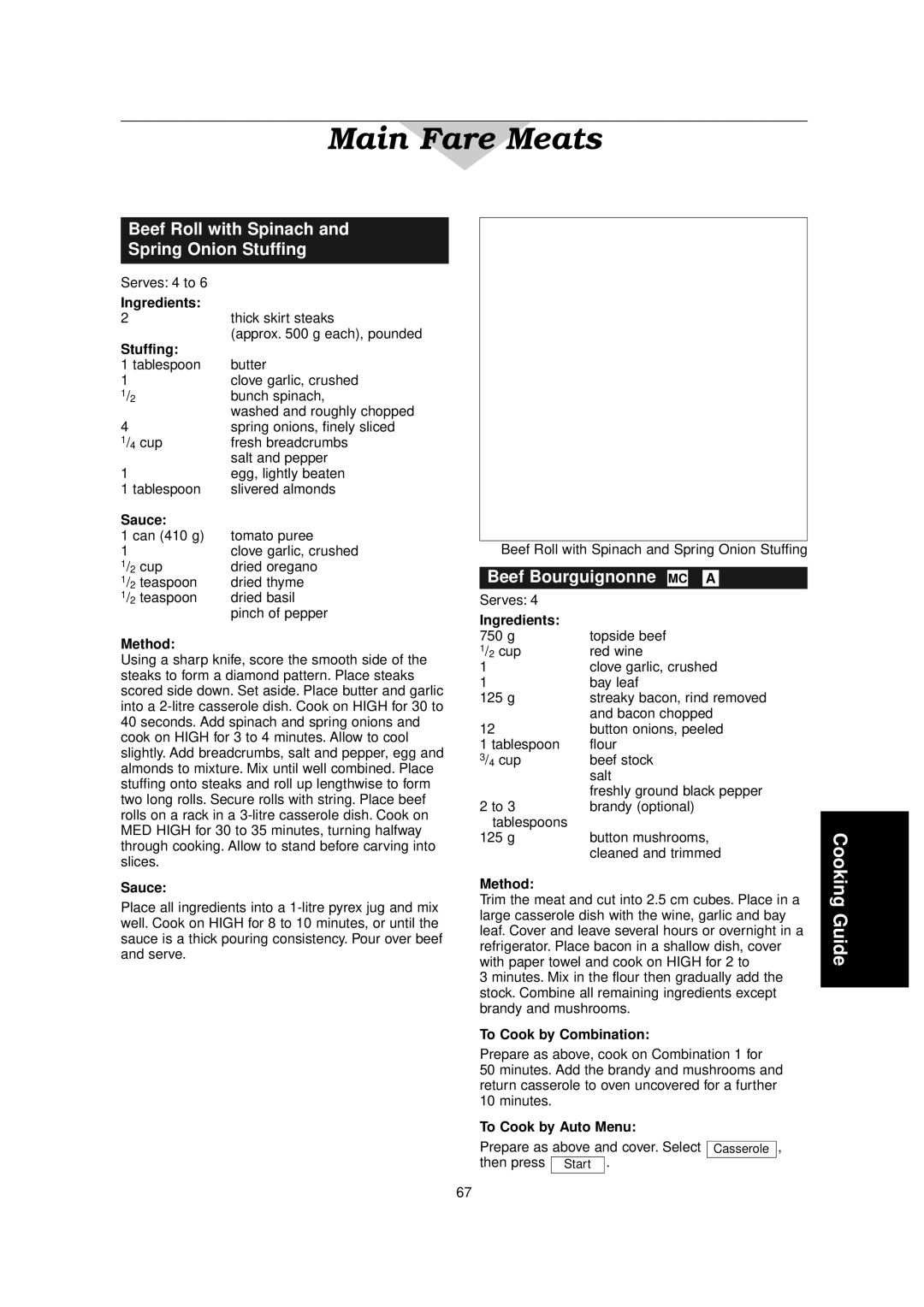 Panasonic NN-C2000W manual Beef Roll with Spinach Spring Onion Stuffing, Beef Bourguignonne MC a 