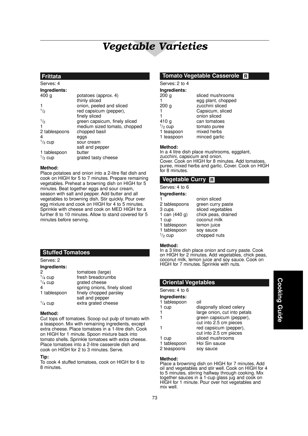 Panasonic NN-C2000W manual Frittata, Stuffed Tomatoes, Tomato Vegetable Casserole R, Vegetable Curry R, Oriental Vegetables 