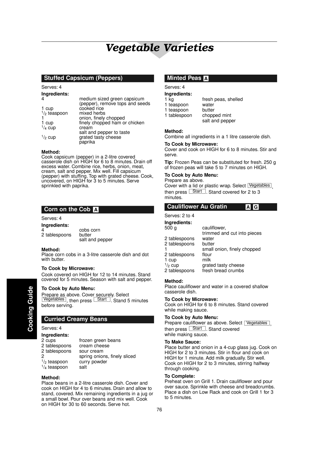 Panasonic NN-C2000W manual Stuffed Capsicum Peppers, Corn on the Cob a, Curried Creamy Beans, Minted Peas a 