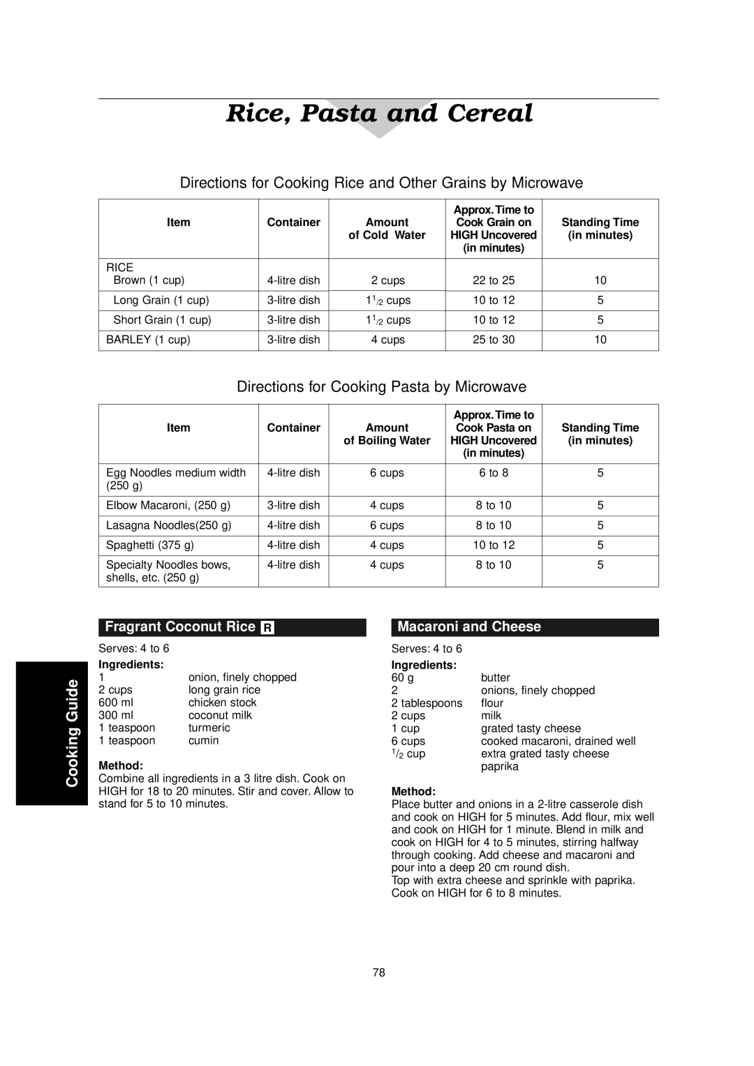 Panasonic NN-C2000W manual Fragrant Coconut Rice R, Macaroni and Cheese, Approx. Time to Container Amount 