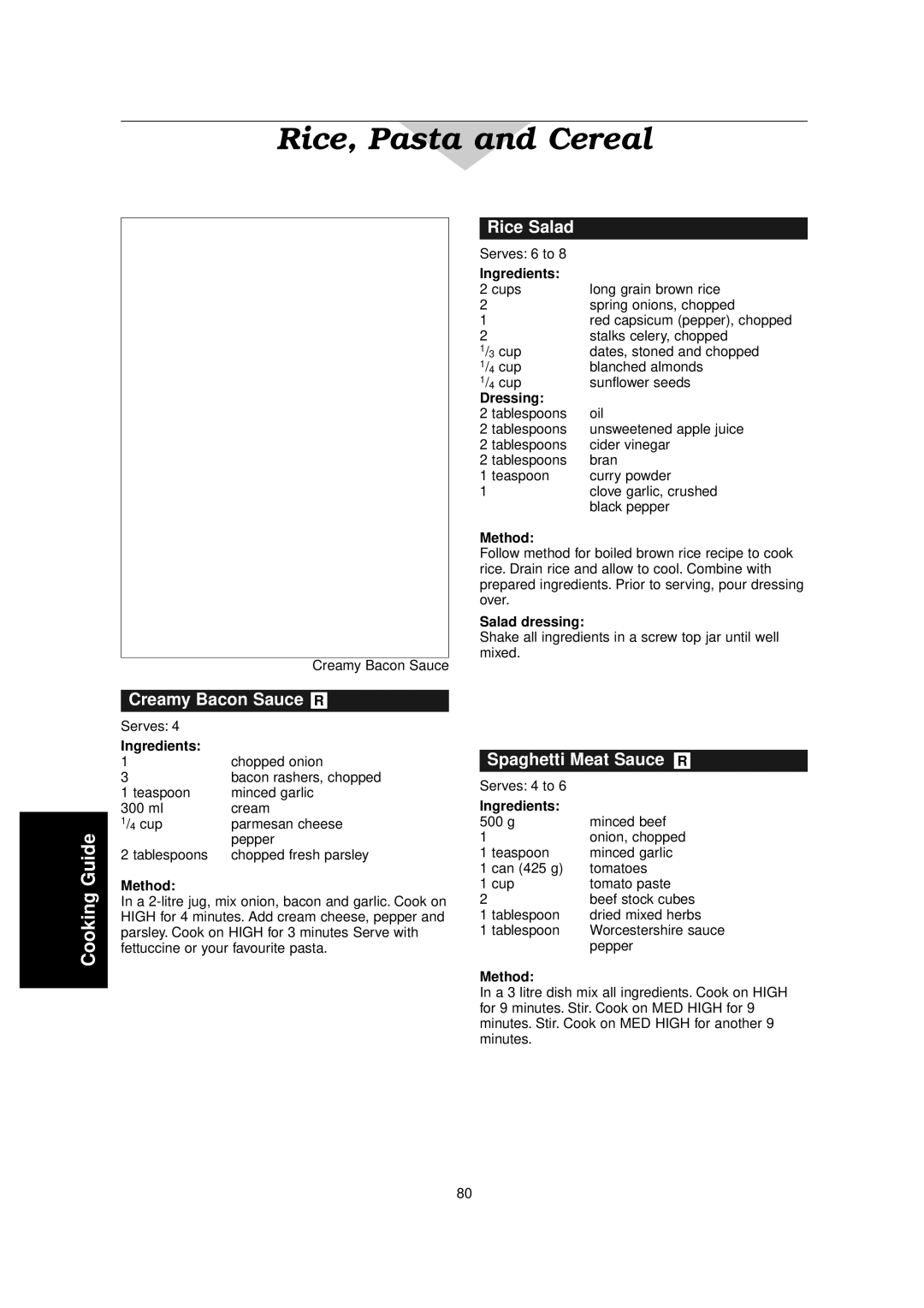 Panasonic NN-C2000W manual Creamy Bacon Sauce, Rice Salad, Spaghetti Meat Sauce R, Salad dressing 