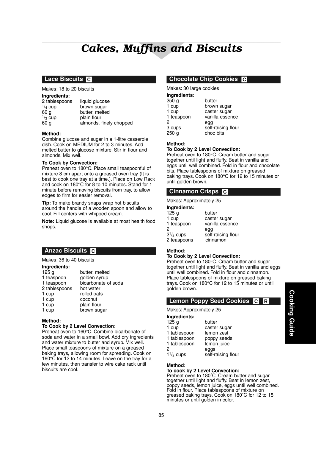 Panasonic NN-C2000W manual Lace Biscuits C, Anzac Biscuits C, Chocolate Chip Cookies C, Cinnamon Crisps C 