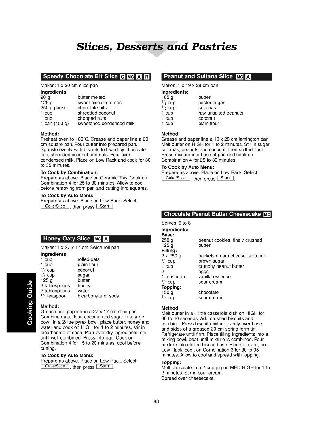 Panasonic NN-C2000W manual Speedy Chocolate Bit Slice C MC a R, Honey Oaty Slice MC a, Peanut and Sultana Slice MC a 