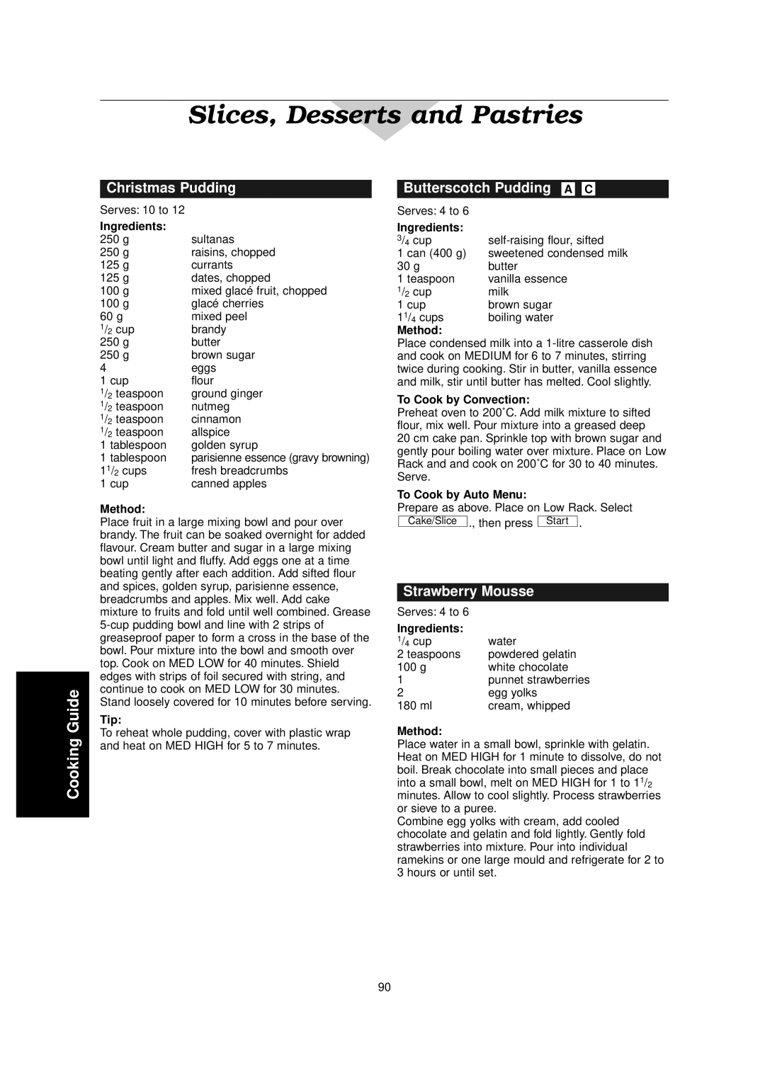 Panasonic NN-C2000W manual Christmas Pudding, Butterscotch Pudding a C, Strawberry Mousse 