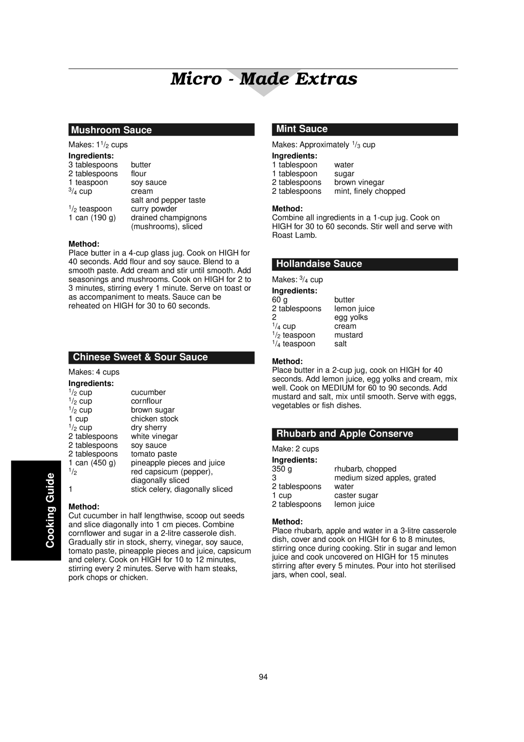 Panasonic NN-C2000W Mushroom Sauce, Chinese Sweet & Sour Sauce, Mint Sauce, Hollandaise Sauce, Rhubarb and Apple Conserve 