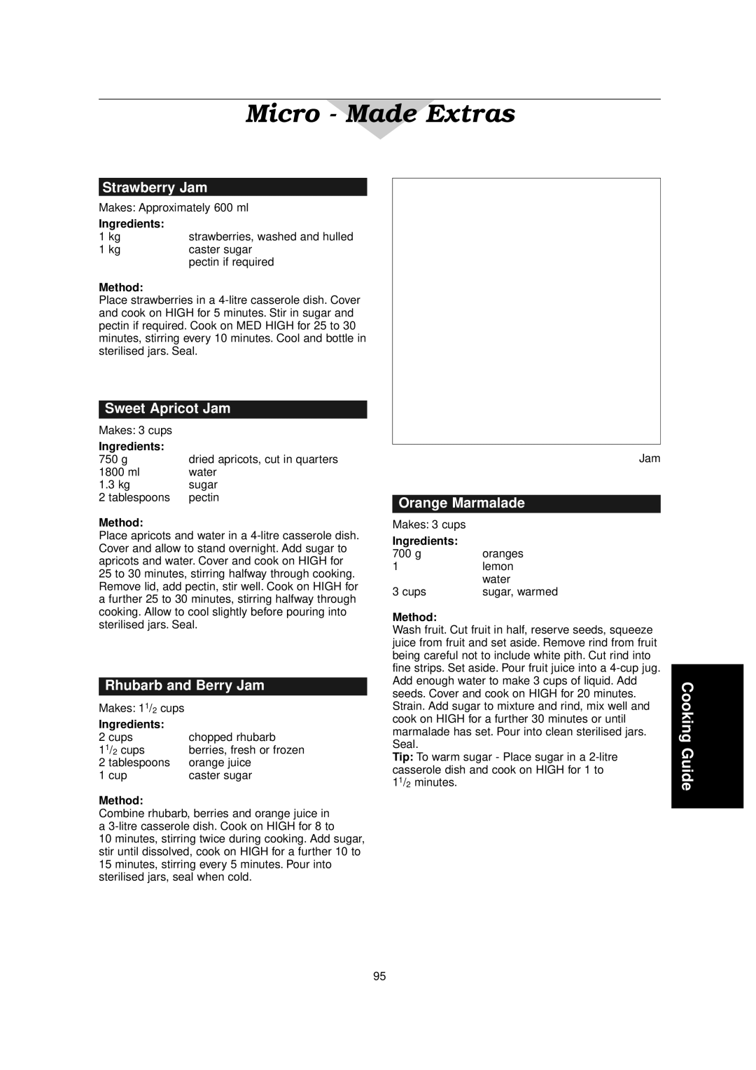 Panasonic NN-C2000W manual Strawberry Jam, Sweet Apricot Jam, Rhubarb and Berry Jam, Orange Marmalade 