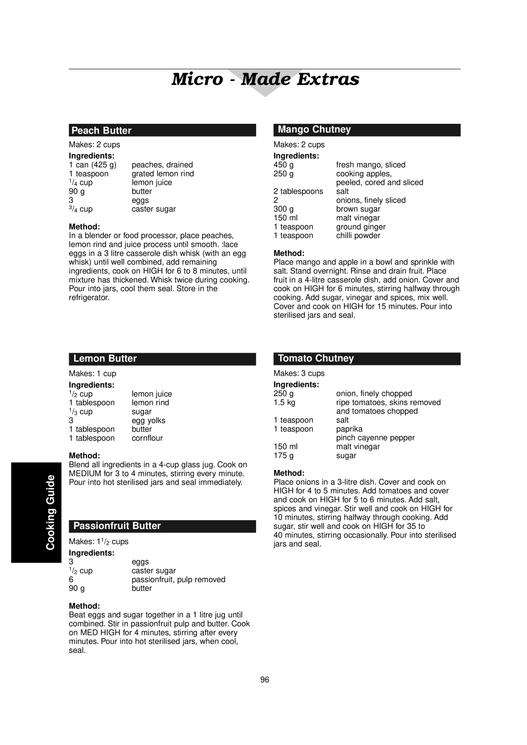 Panasonic NN-C2000W manual Peach Butter, Mango Chutney, Lemon Butter, Passionfruit Butter, Tomato Chutney 