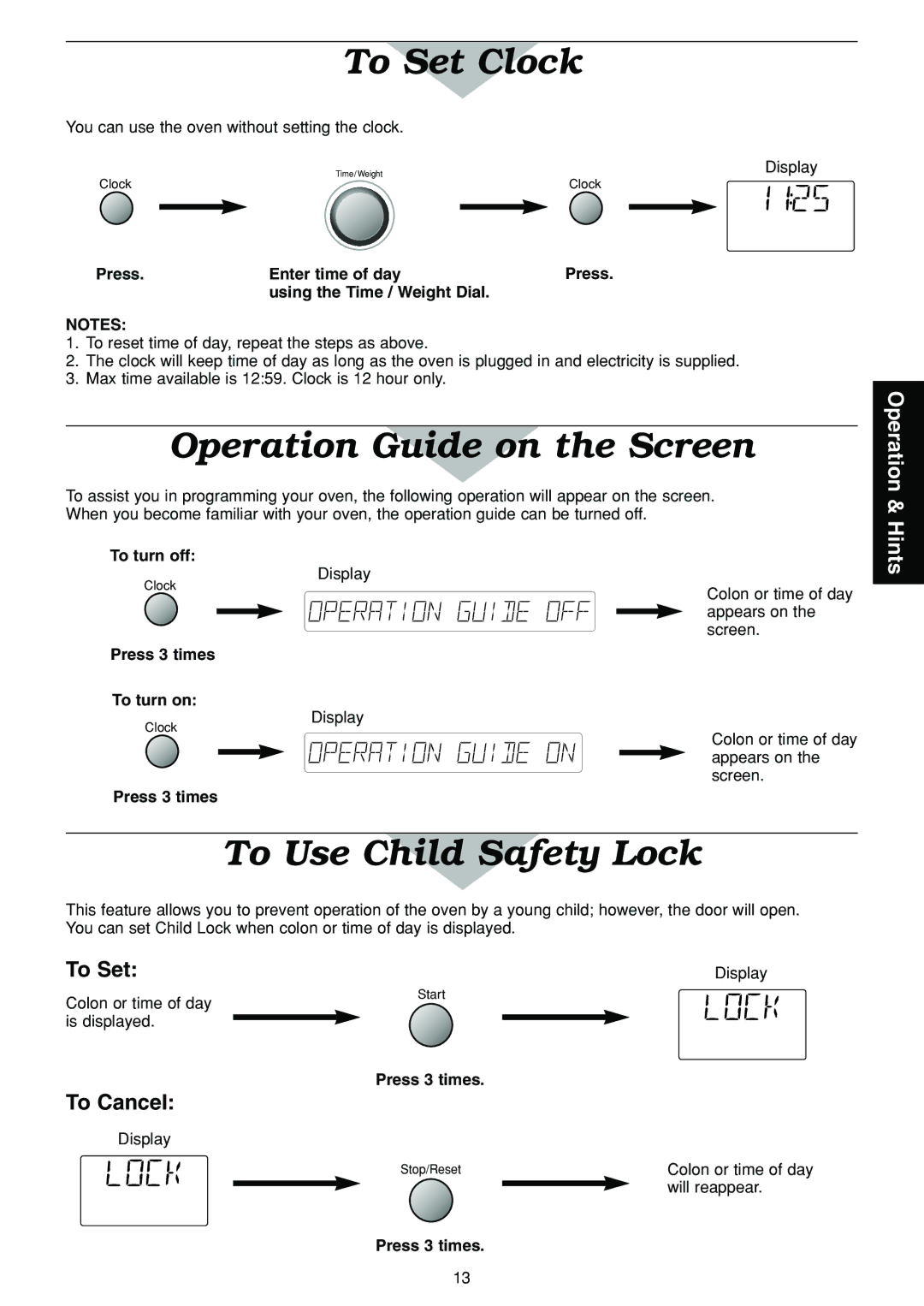 Panasonic NN-C2003S manual To Set Clock, Operation Guide on the Screen, To Use Child Safety Lock, To Cancel 