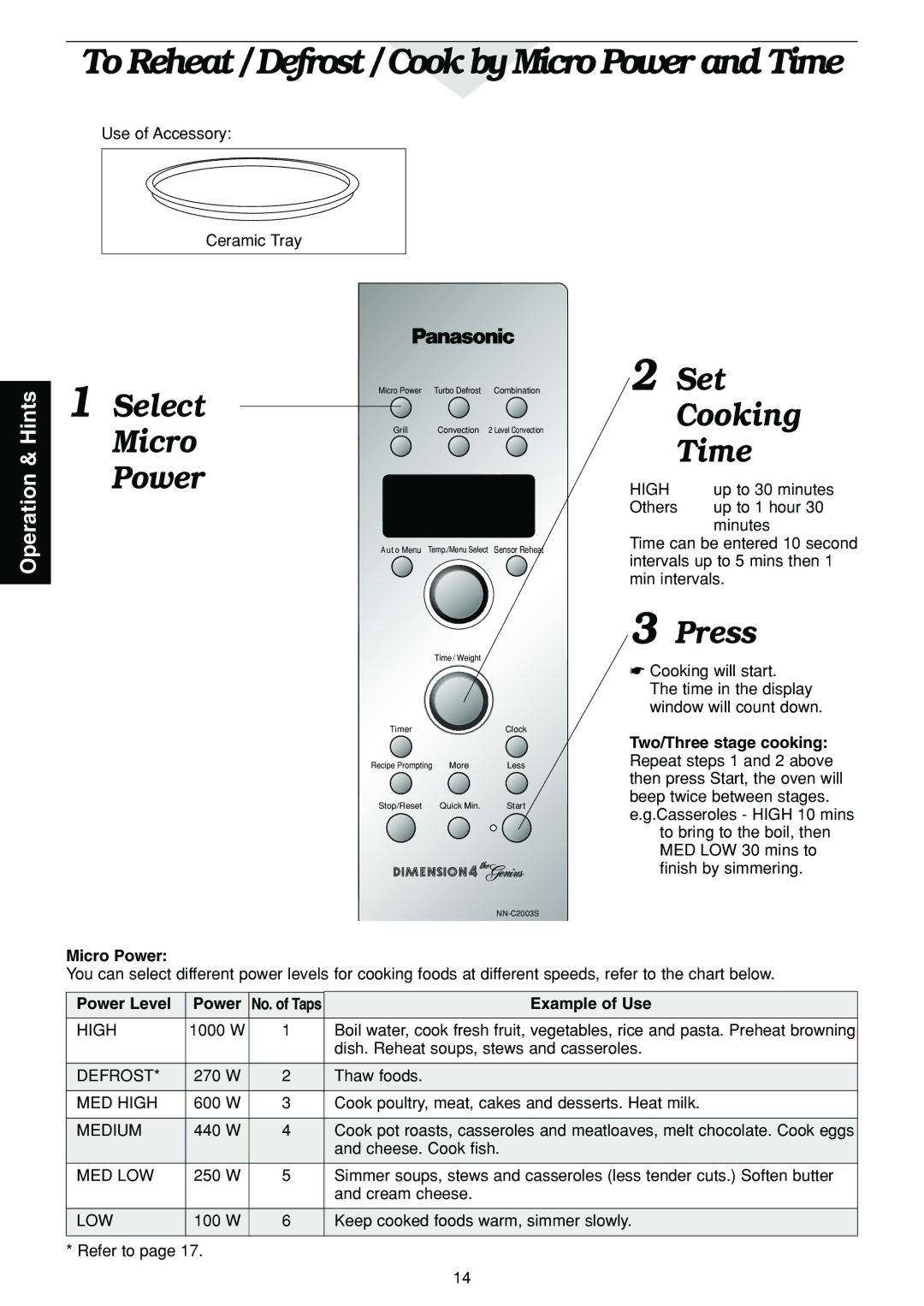 Panasonic NN-C2003S manual To Reheat / Defrost / Cook by Micro Power and Time, Select Micro Power, Set Cooking Time 