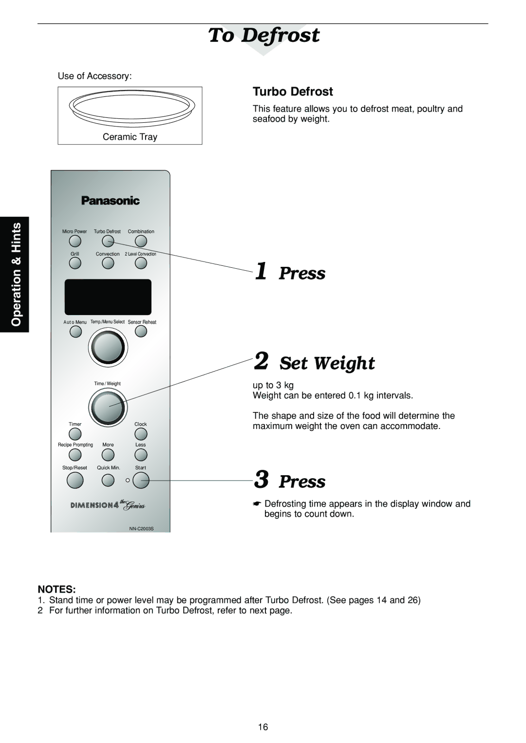 Panasonic NN-C2003S manual To Defrost, Press Set Weight, Turbo Defrost 