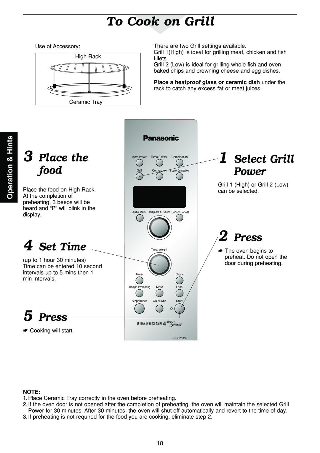 Panasonic NN-C2003S manual To Cook on Grill, Place, Food, Set Time, Select Grill Power 