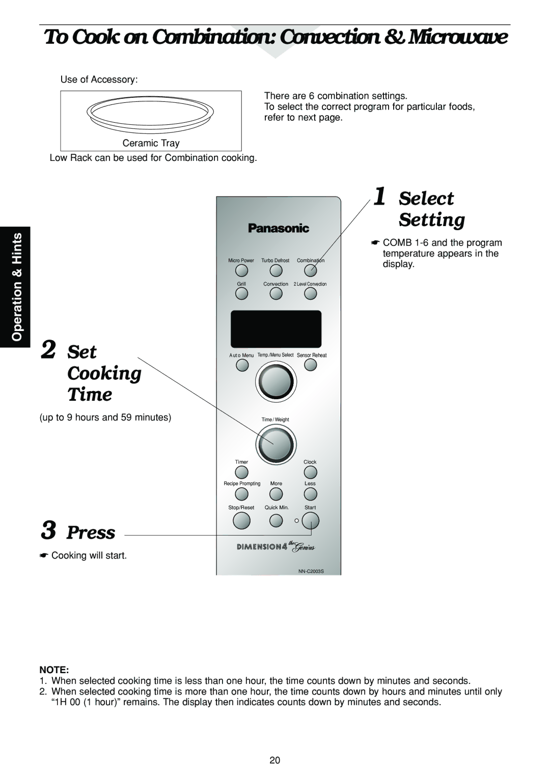 Panasonic NN-C2003S manual To Cook on Combination Convection & Microwave, Select Setting 