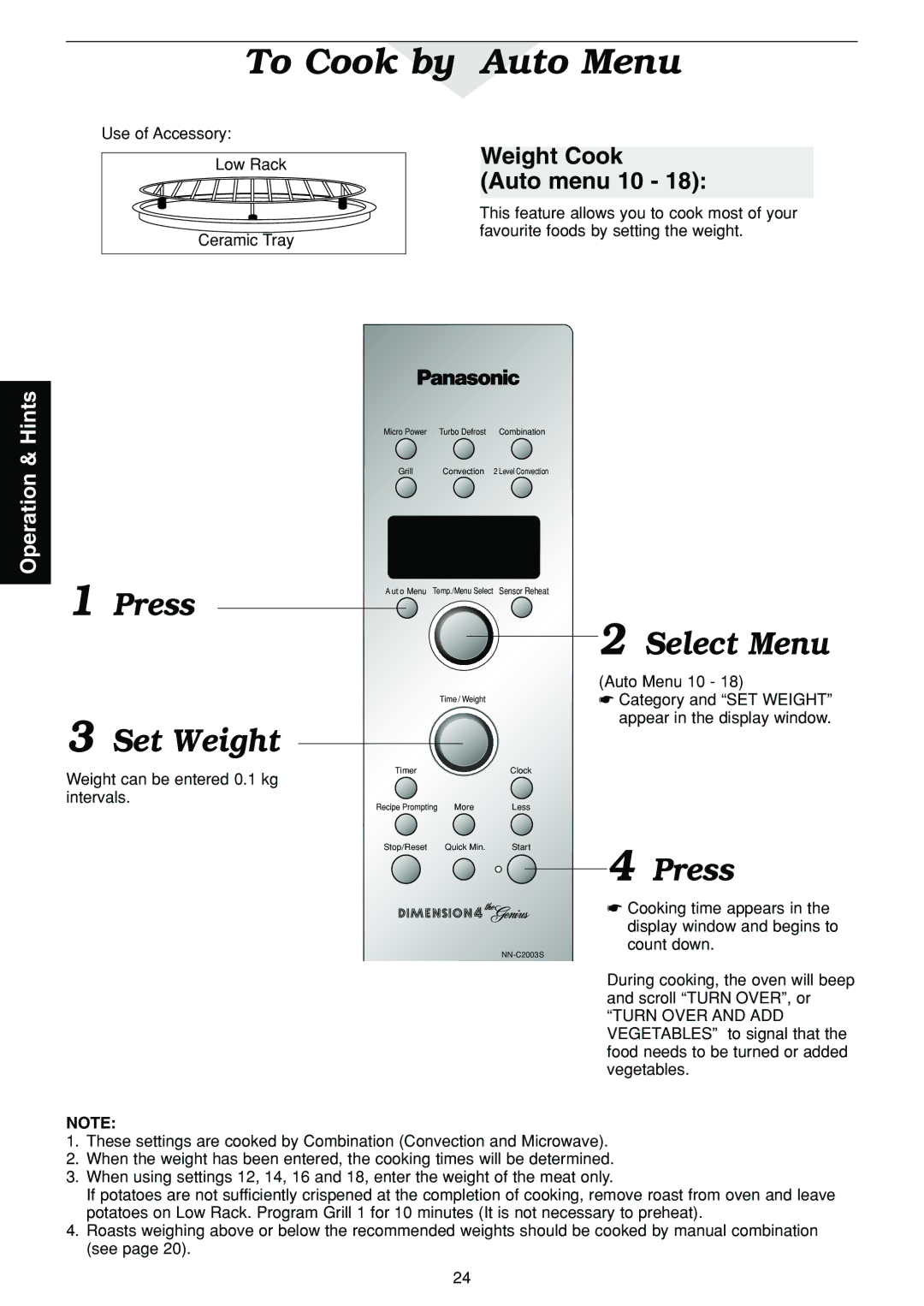 Panasonic NN-C2003S manual To Cook by Auto Menu, Weight Cook Auto menu 10 