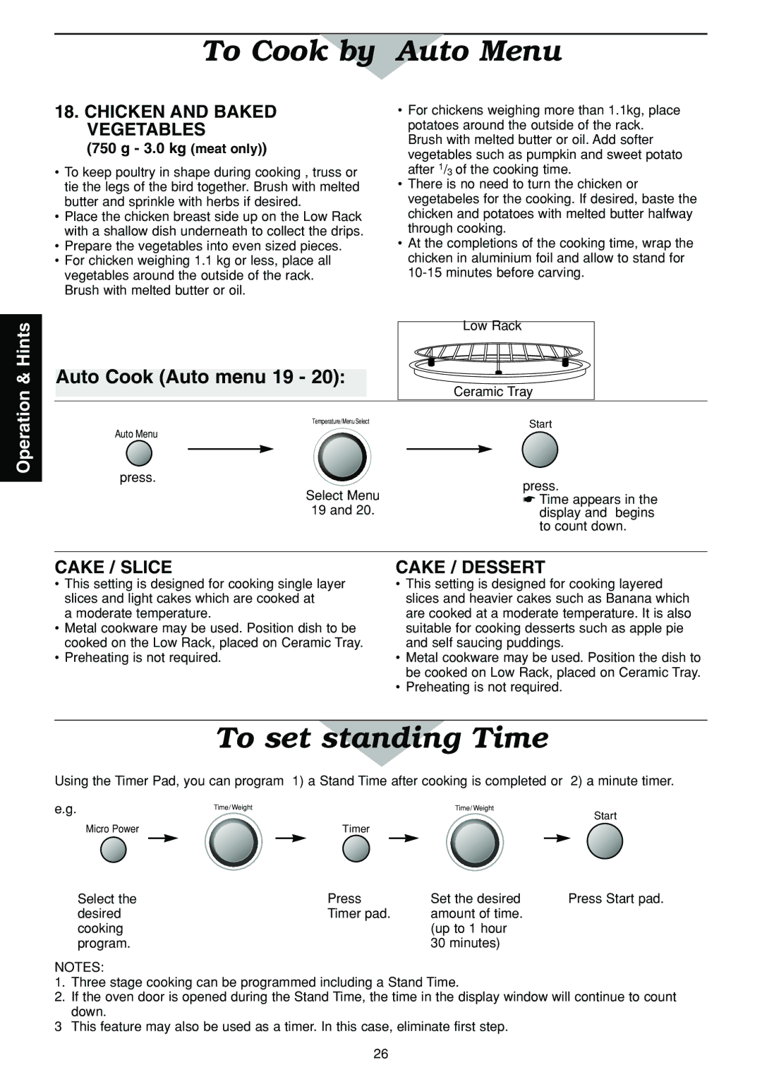 Panasonic NN-C2003S manual To set standing Time, Chicken and Baked Vegetables 