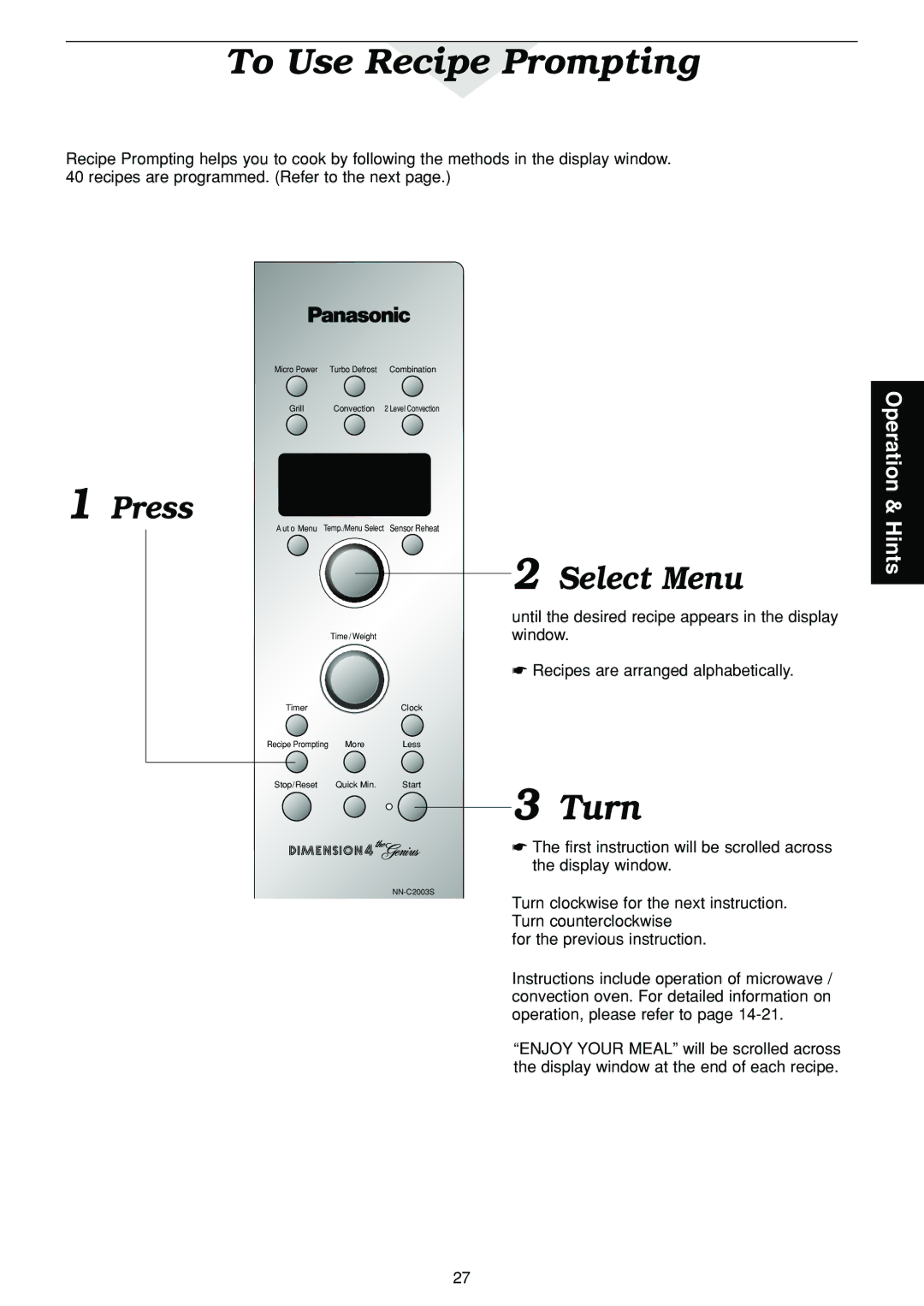 Panasonic NN-C2003S manual To Use Recipe Prompting, Turn 