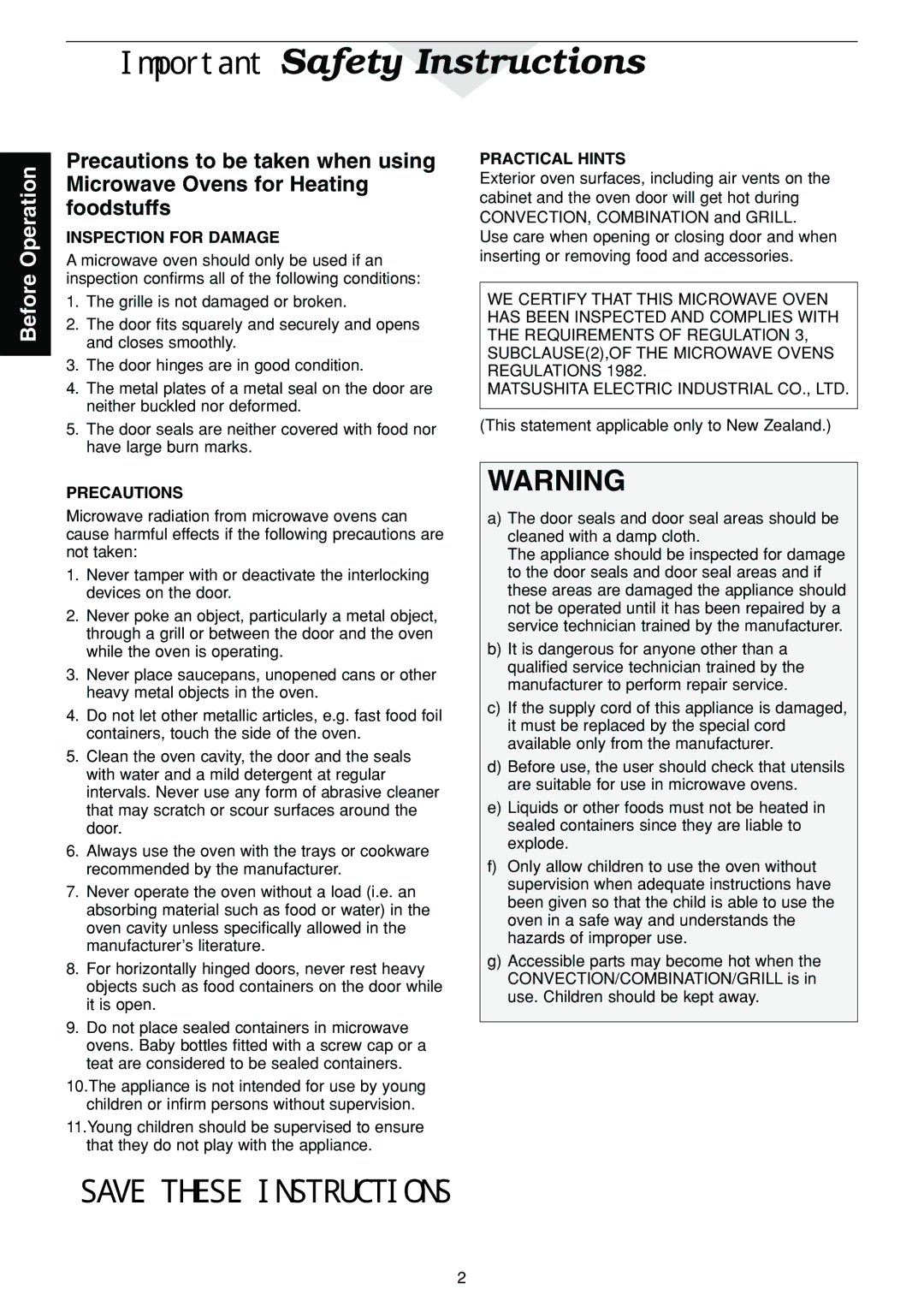 Panasonic NN-C2003S manual Important Safety Instructions, Inspection for Damage, Precautions, Practical Hints 