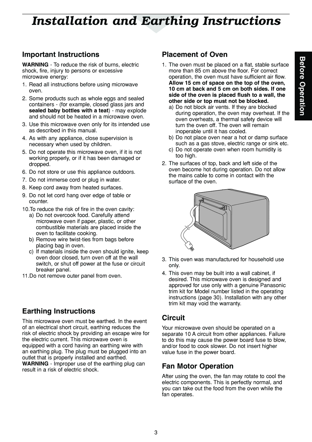 Panasonic NN-C2003S manual Installation and Earthing Instructions 