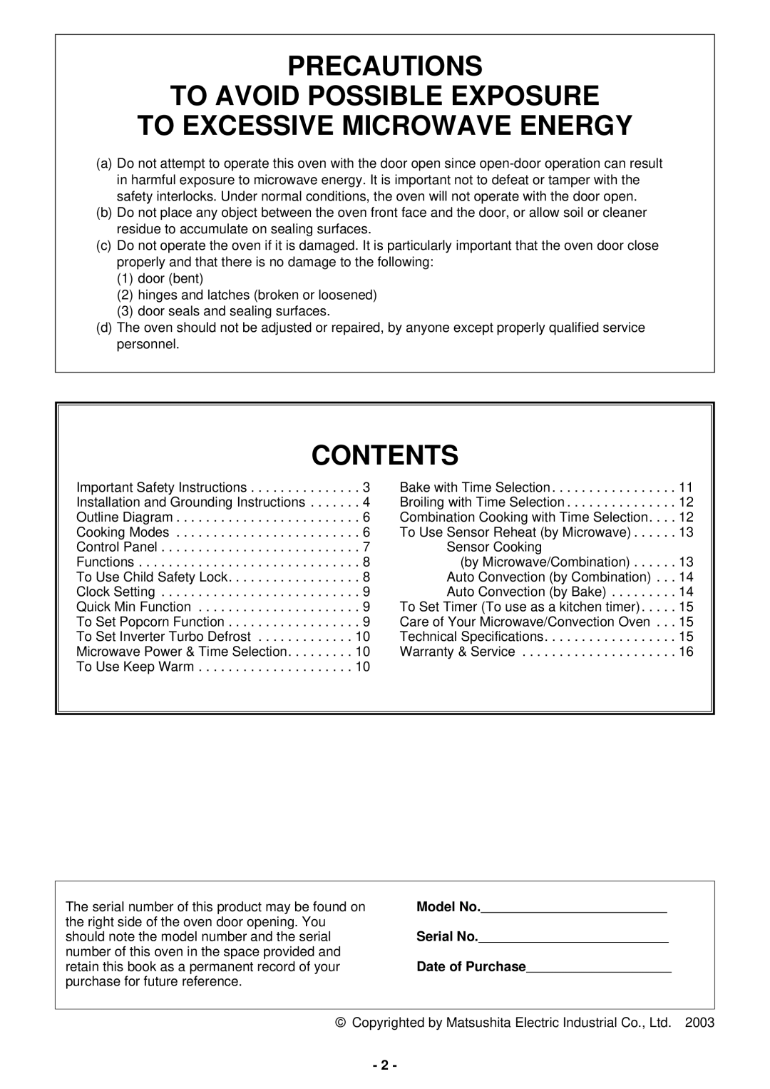 Panasonic NN-C994S manual Contents 