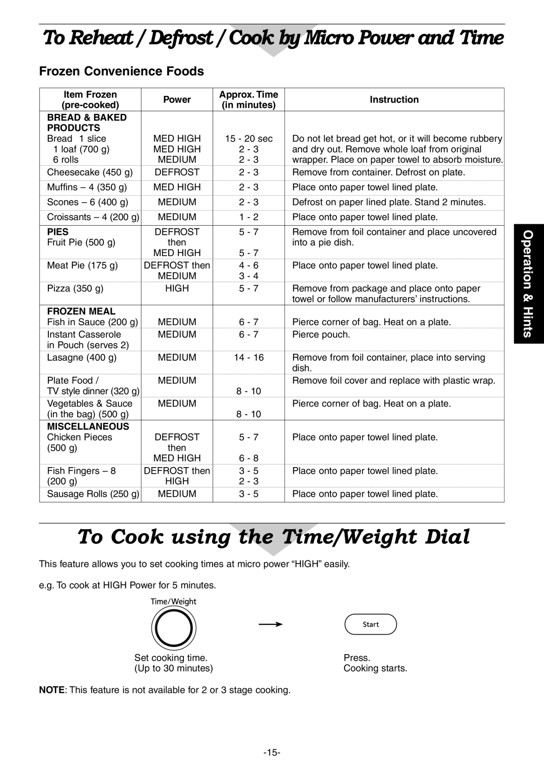 Panasonic NN-CD997S, NN-CD987W operating instructions To Cook using the Time/Weight Dial, Frozen Convenience Foods 