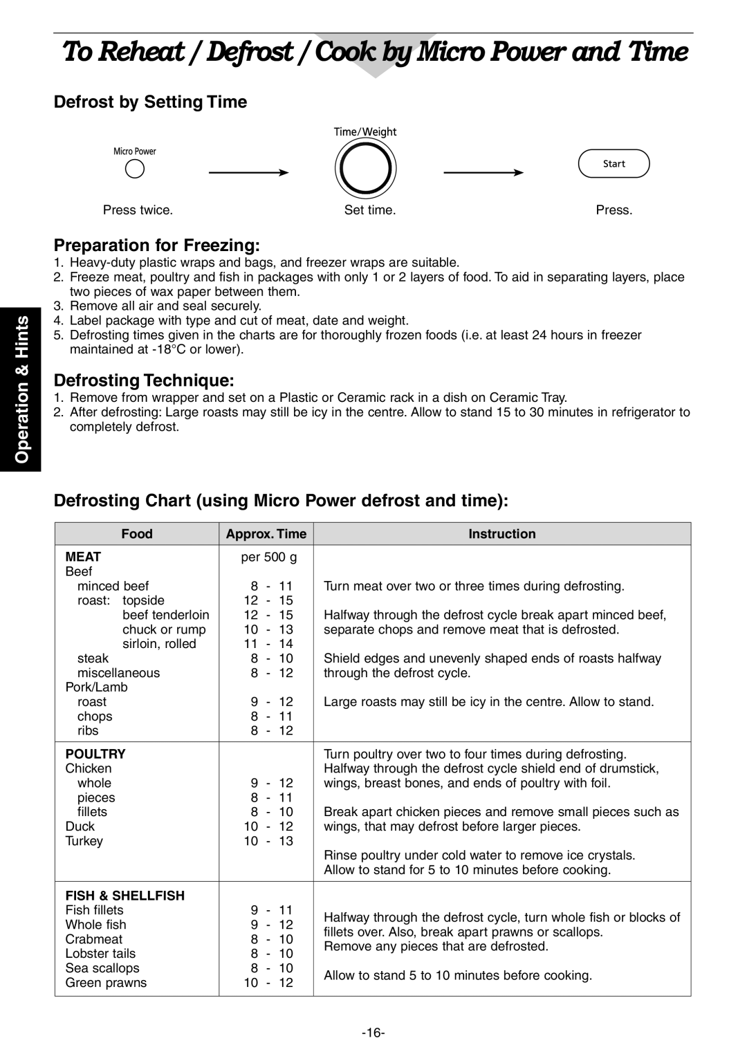 Panasonic NN-CD987W, NN-CD997S Defrost by Setting Time, Preparation for Freezing, Defrosting Technique 