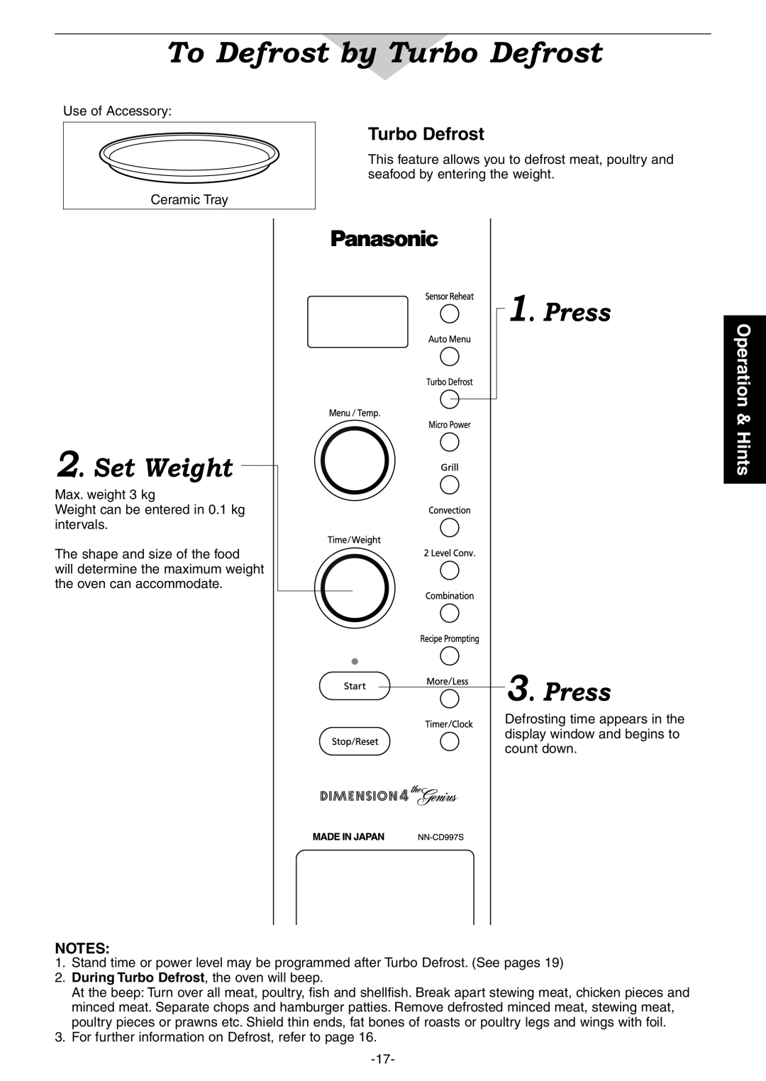 Panasonic NN-CD997S, NN-CD987W operating instructions To Defrost by Turbo Defrost 