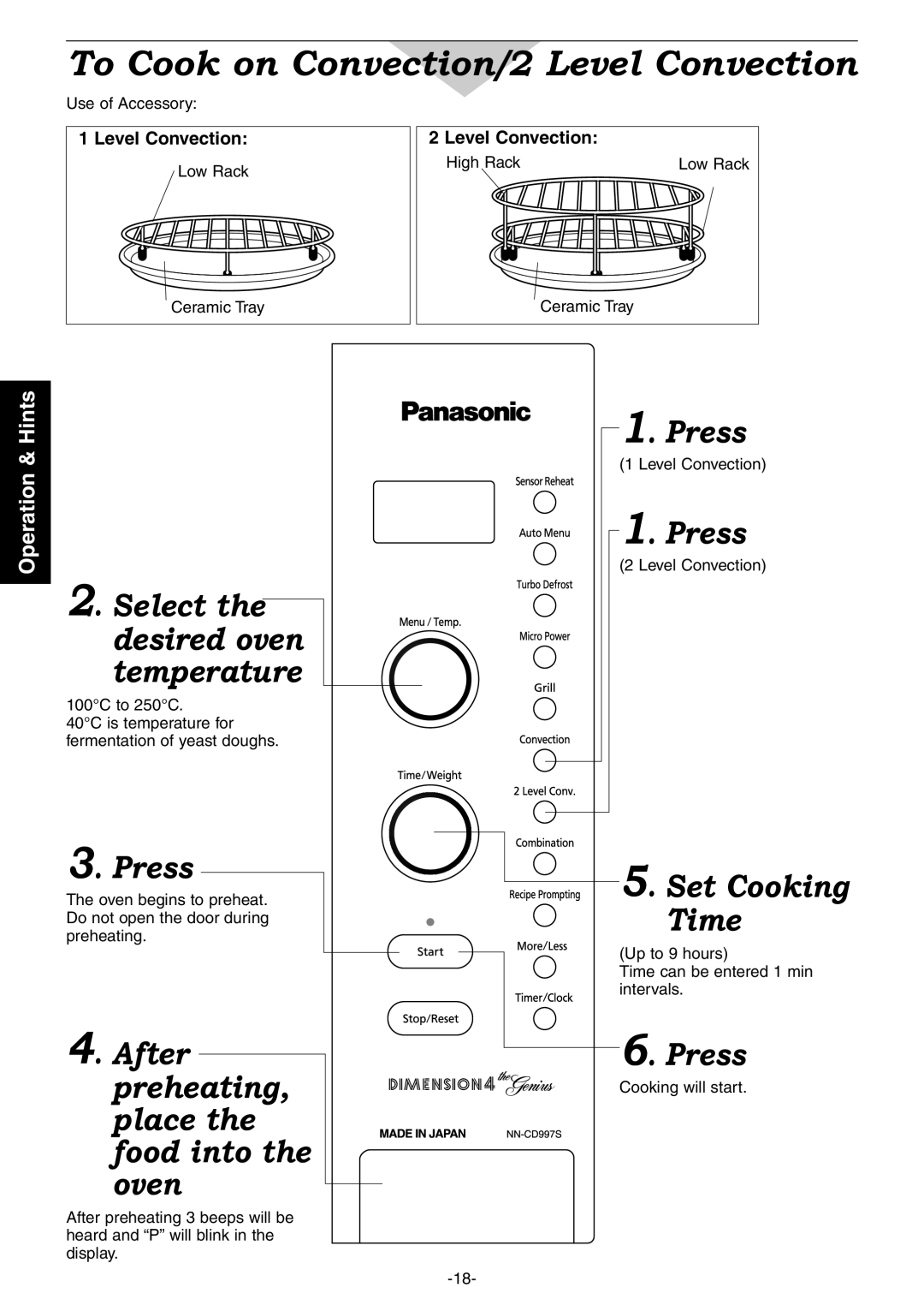 Panasonic NN-CD987W, NN-CD997S operating instructions To Cook on Convection/2 Level Convection 