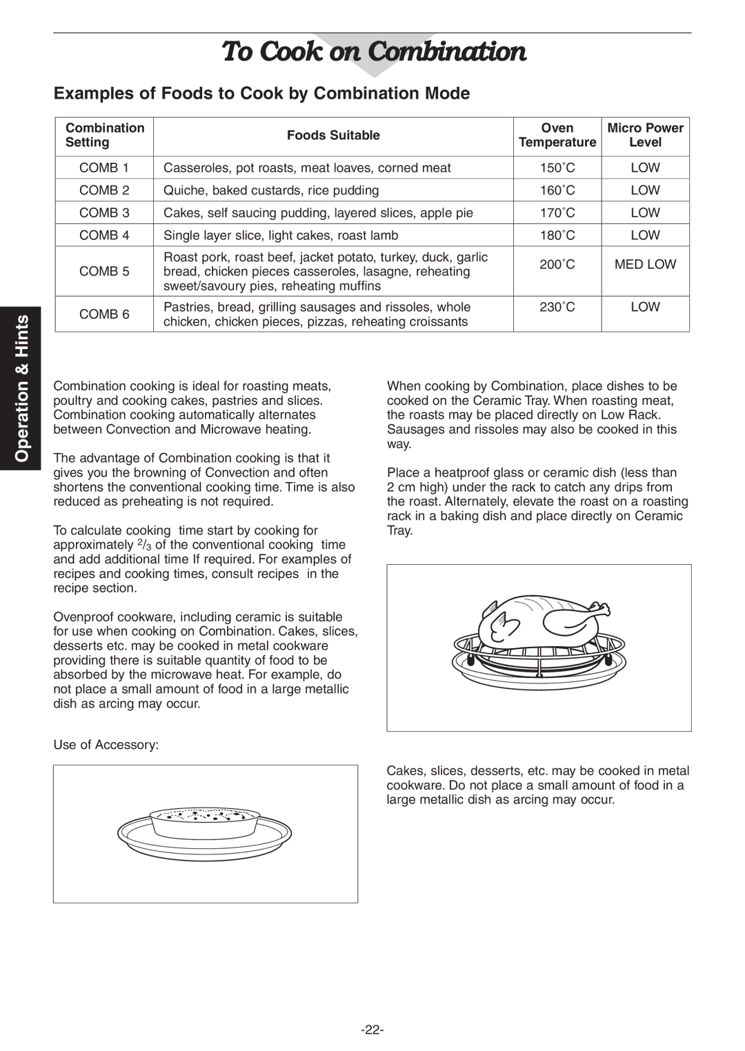 Panasonic NN-CD987W Examples of Foods to Cook by Combination Mode, Combination Foods Suitable Oven Micro Power Setting 