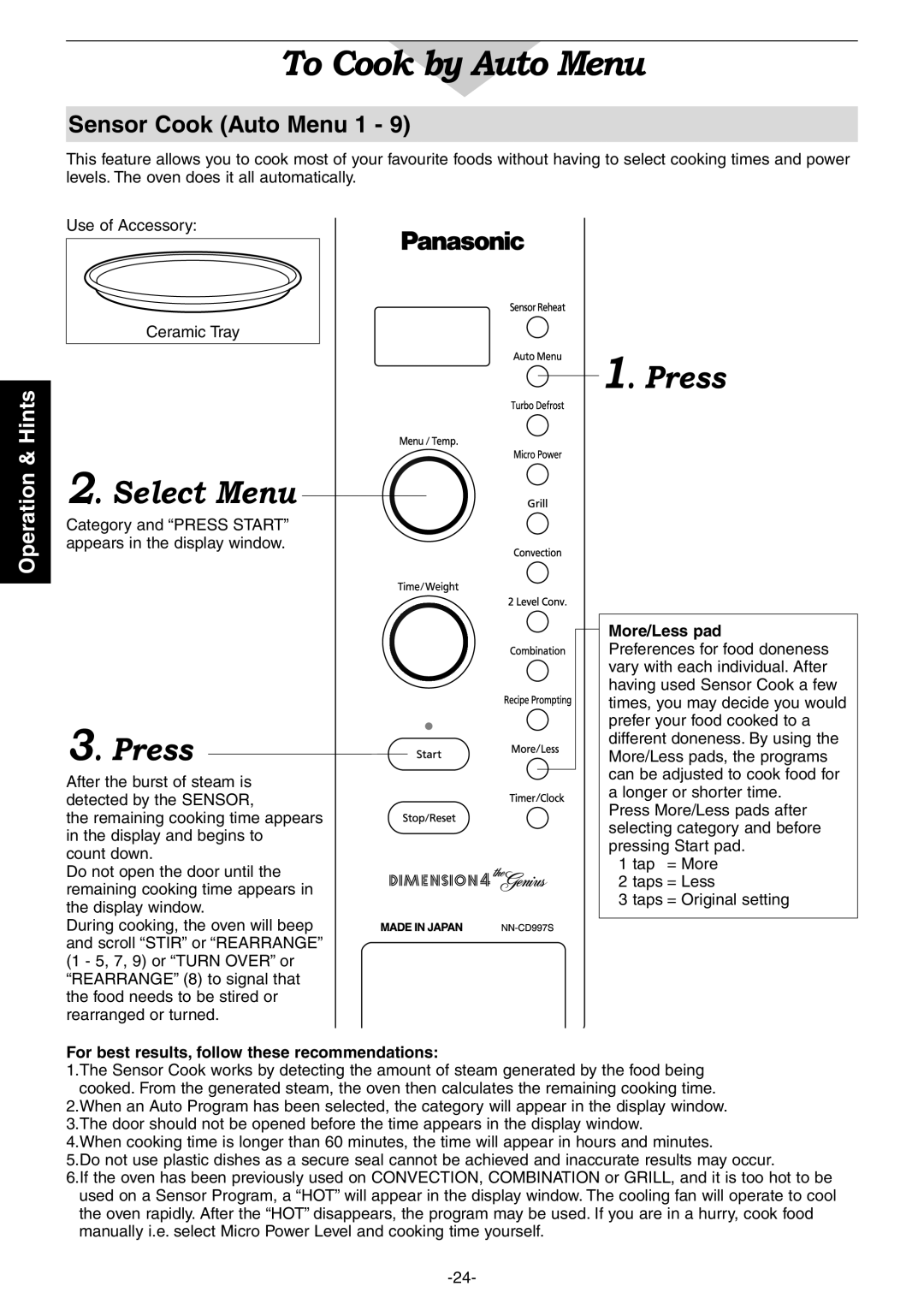 Panasonic NN-CD987W, NN-CD997S operating instructions To Cook by Auto Menu, Sensor Cook Auto Menu 1 