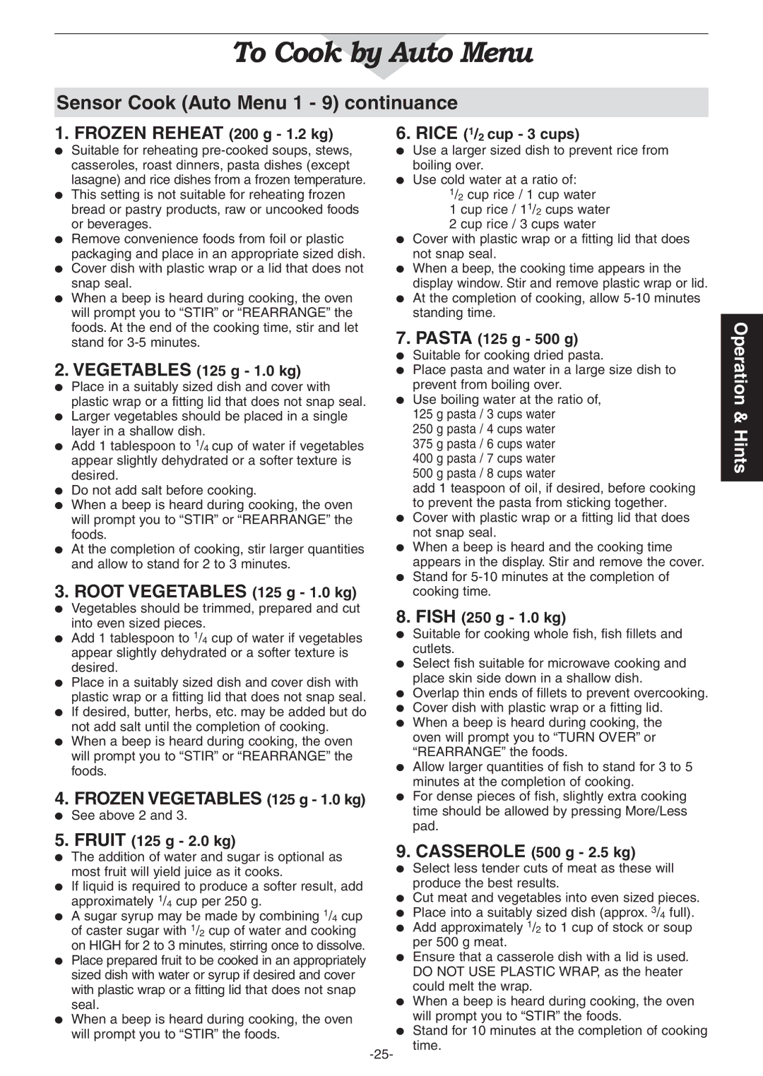 Panasonic NN-CD997S Sensor Cook Auto Menu 1 9 continuance, Frozen Reheat 200 g 1.2 kg, Root Vegetables 125 g 1.0 kg 