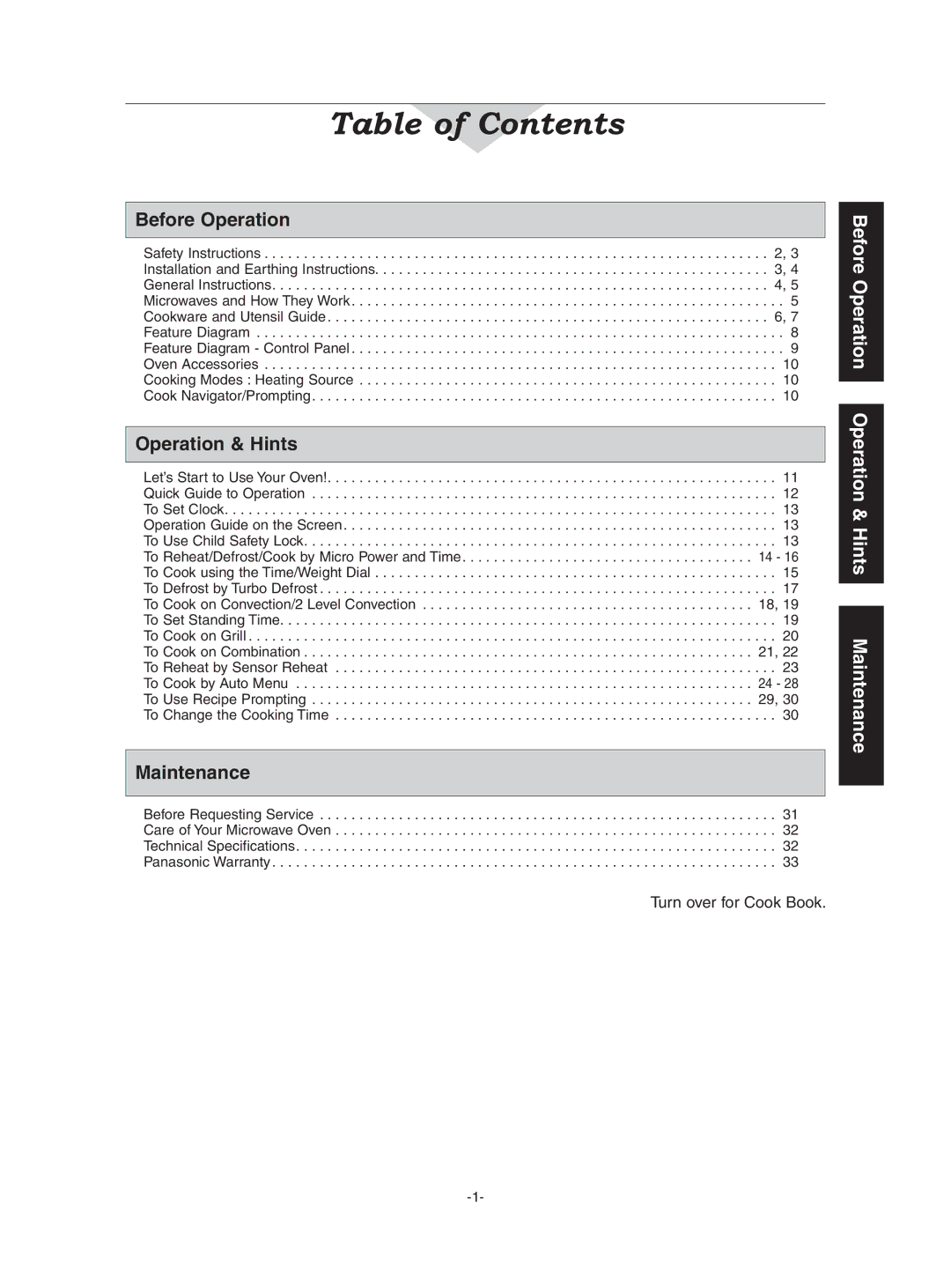 Panasonic NN-CD997S, NN-CD987W operating instructions Table of Contents 