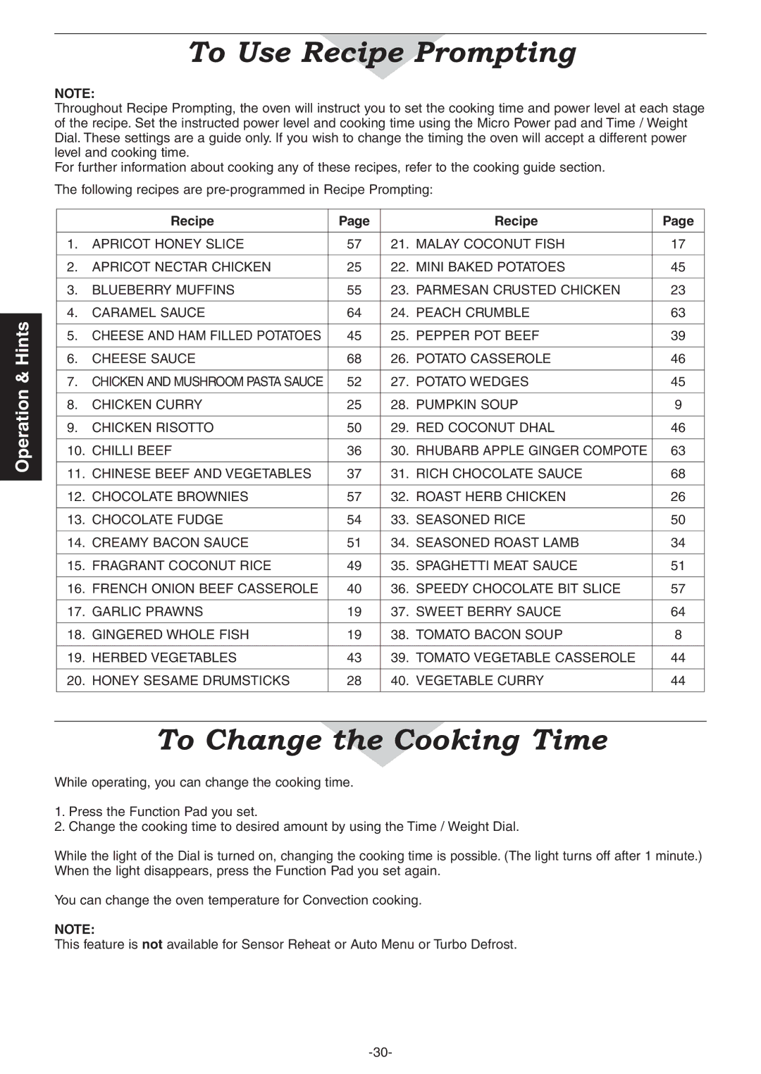 Panasonic NN-CD987W, NN-CD997S operating instructions To Change the Cooking Time, Recipe 