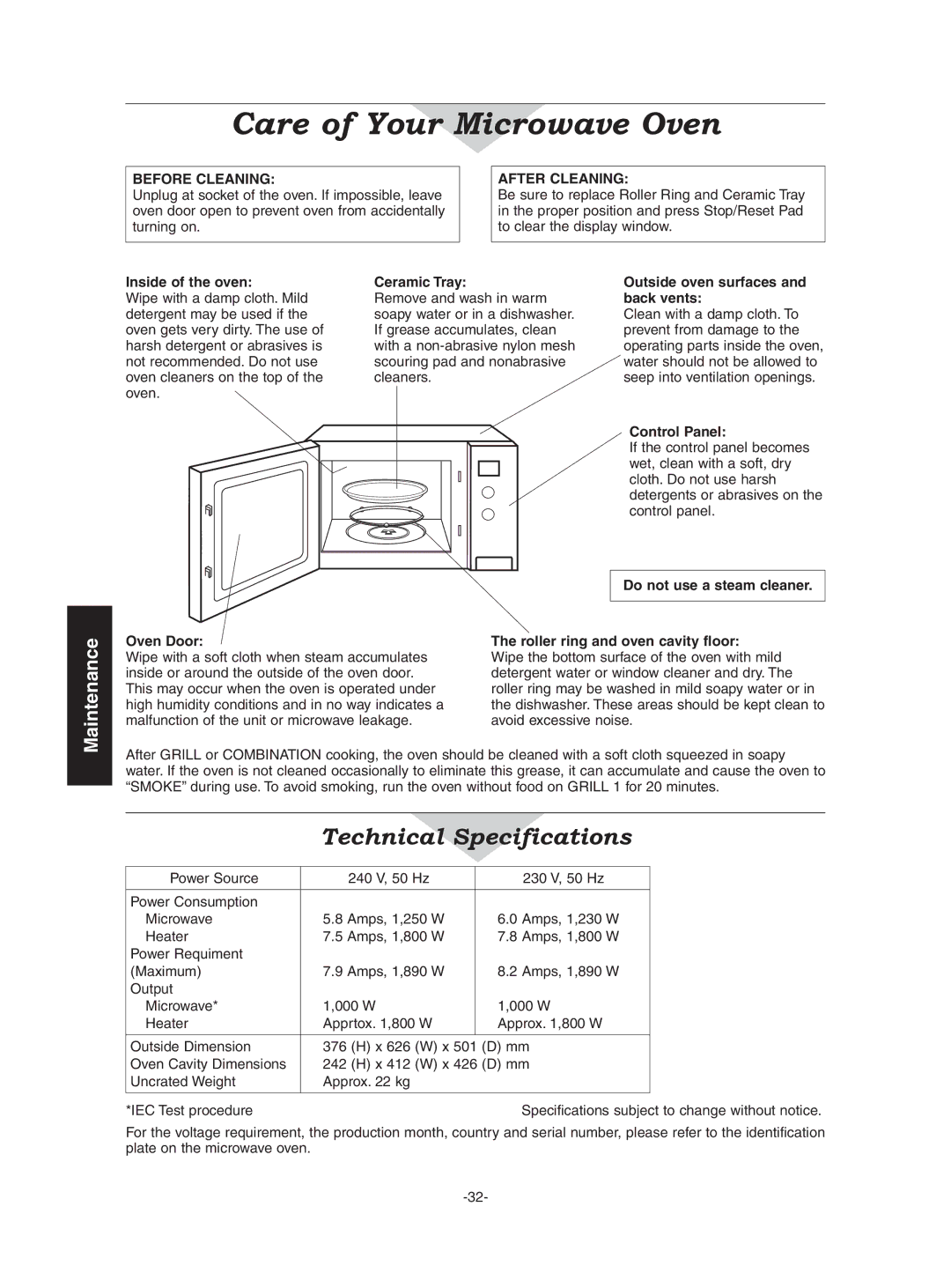 Panasonic NN-CD987W, NN-CD997S operating instructions Care of Your Microwave Oven, Before Cleaning After Cleaning 