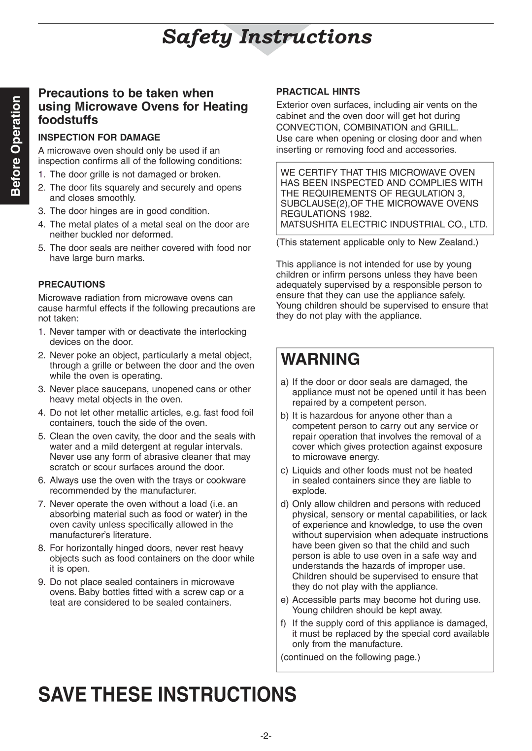 Panasonic NN-CD987W, NN-CD997S Safety Instructions, Inspection for Damage, Precautions, Practical Hints 