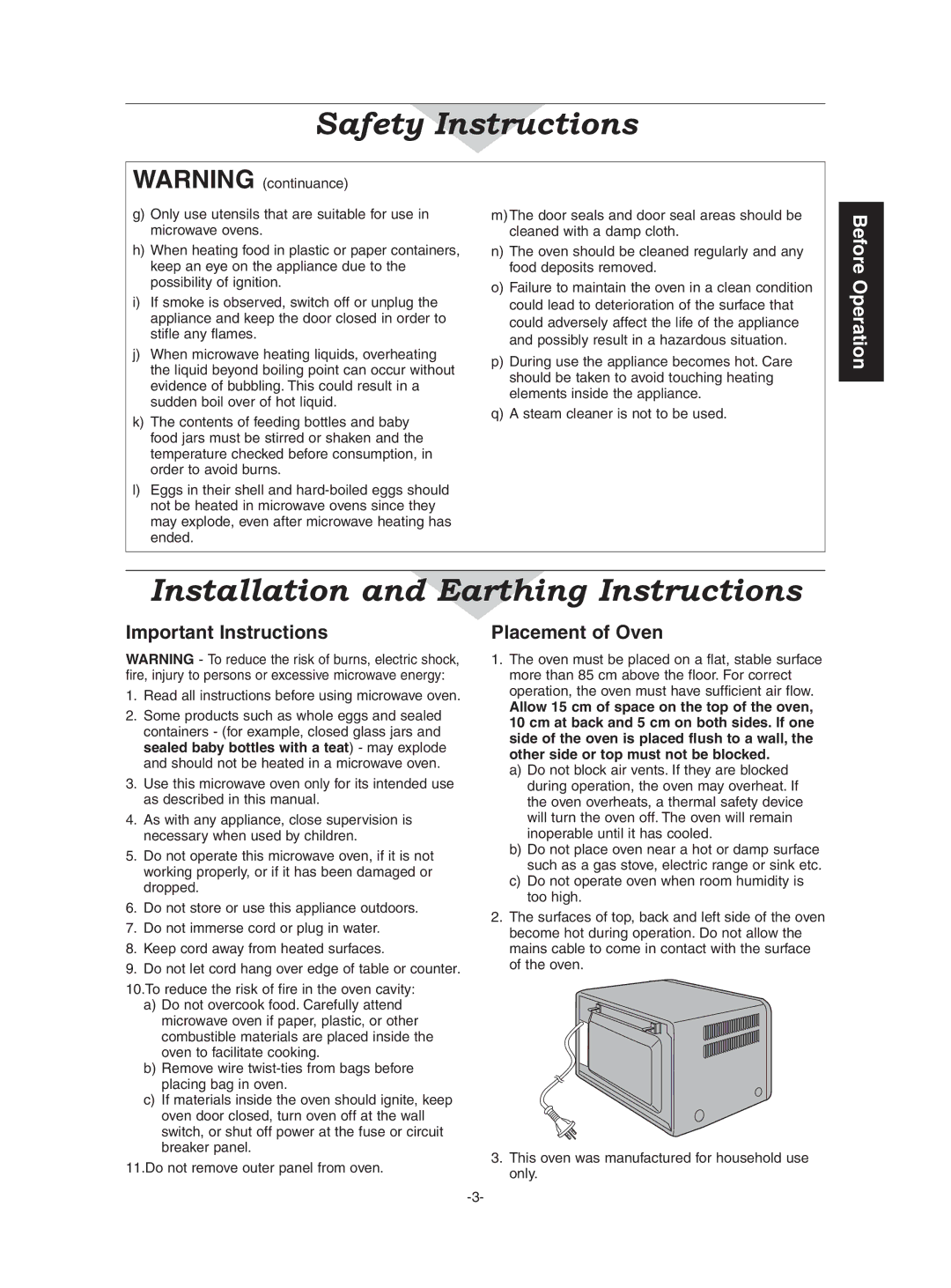 Panasonic NN-CD997S, NN-CD987W Installation and Earthing Instructions, Important Instructions Placement of Oven 