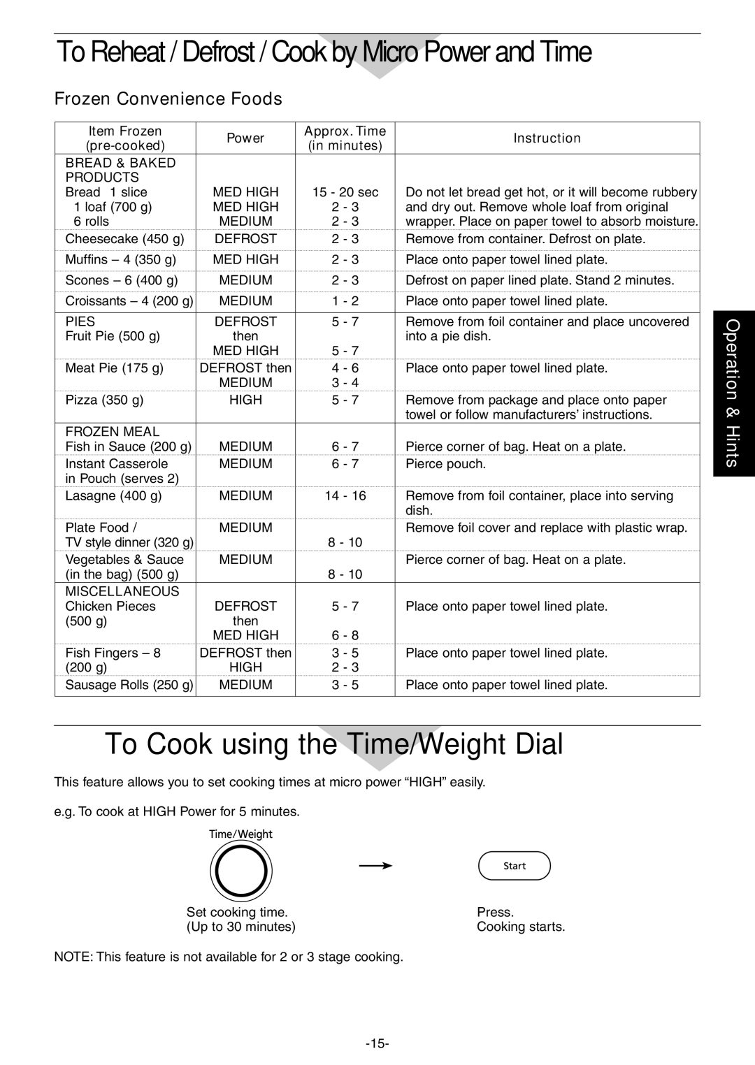 Panasonic NN-CD997S, NN-CD987W manual To Cook using the Time/Weight Dial, Frozen Convenience Foods 