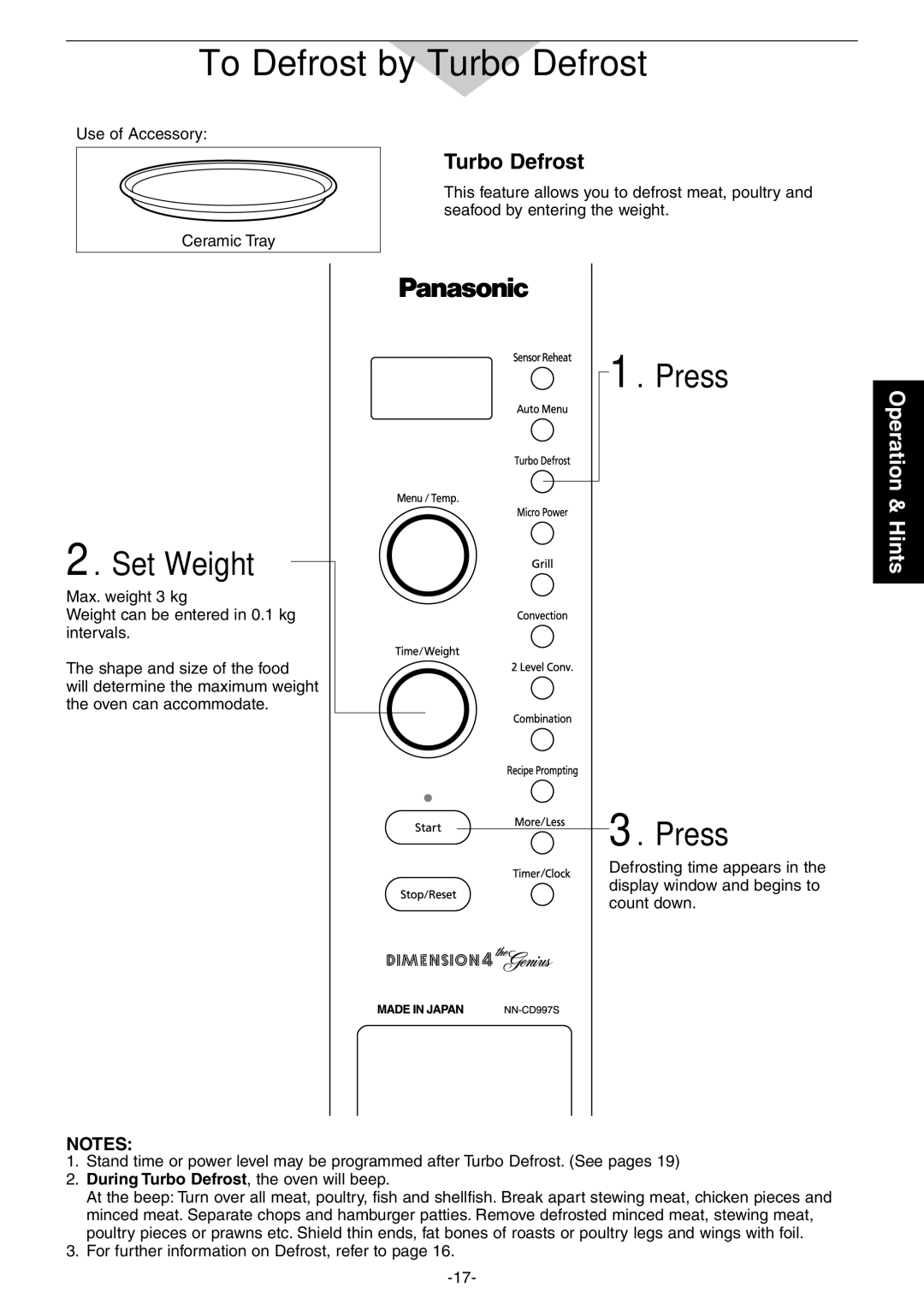 Panasonic NN-CD997S, NN-CD987W manual To Defrost by Turbo Defrost 