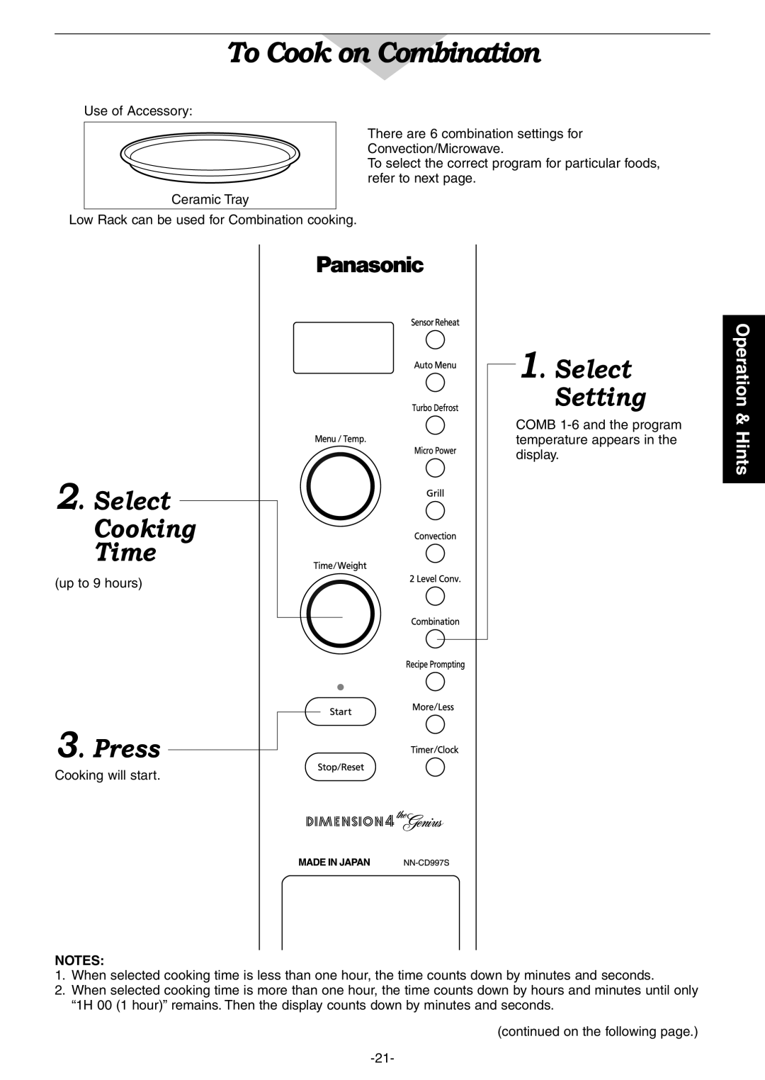 Panasonic NN-CD997S, NN-CD987W manual To Cook on Combination, Select Setting 