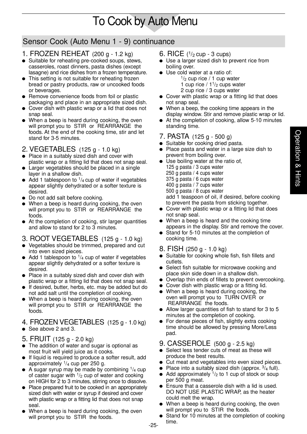 Panasonic NN-CD997S manual Sensor Cook Auto Menu 1 9 continuance, Frozen Reheat 200 g 1.2 kg, Root Vegetables 125 g 1.0 kg 