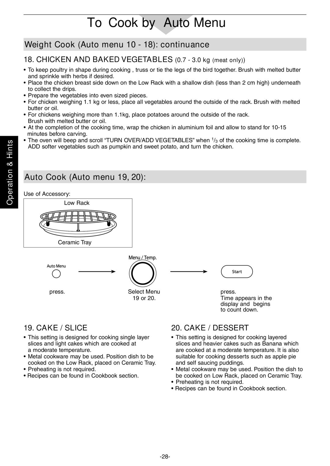 Panasonic NN-CD987W, NN-CD997S manual Auto Cook Auto menu 19, Chicken and Baked Vegetables 0.7 3.0 kg meat only 