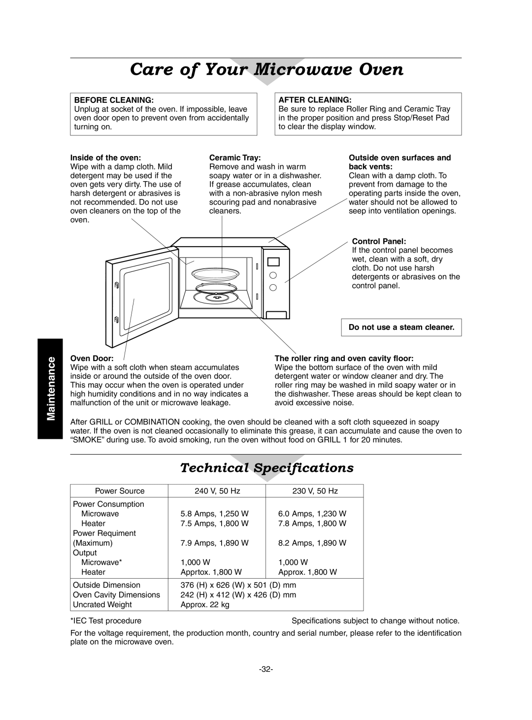 Panasonic NN-CD987W, NN-CD997S manual Care of Your Microwave Oven, Before Cleaning After Cleaning 