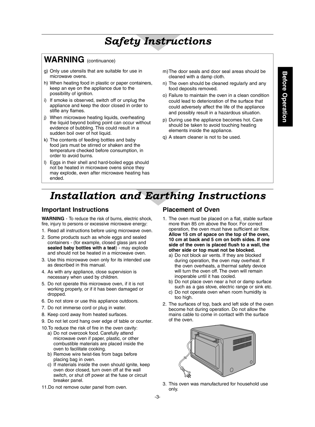 Panasonic NN-CD997S, NN-CD987W manual Installation and Earthing Instructions, Important Instructions Placement of Oven 