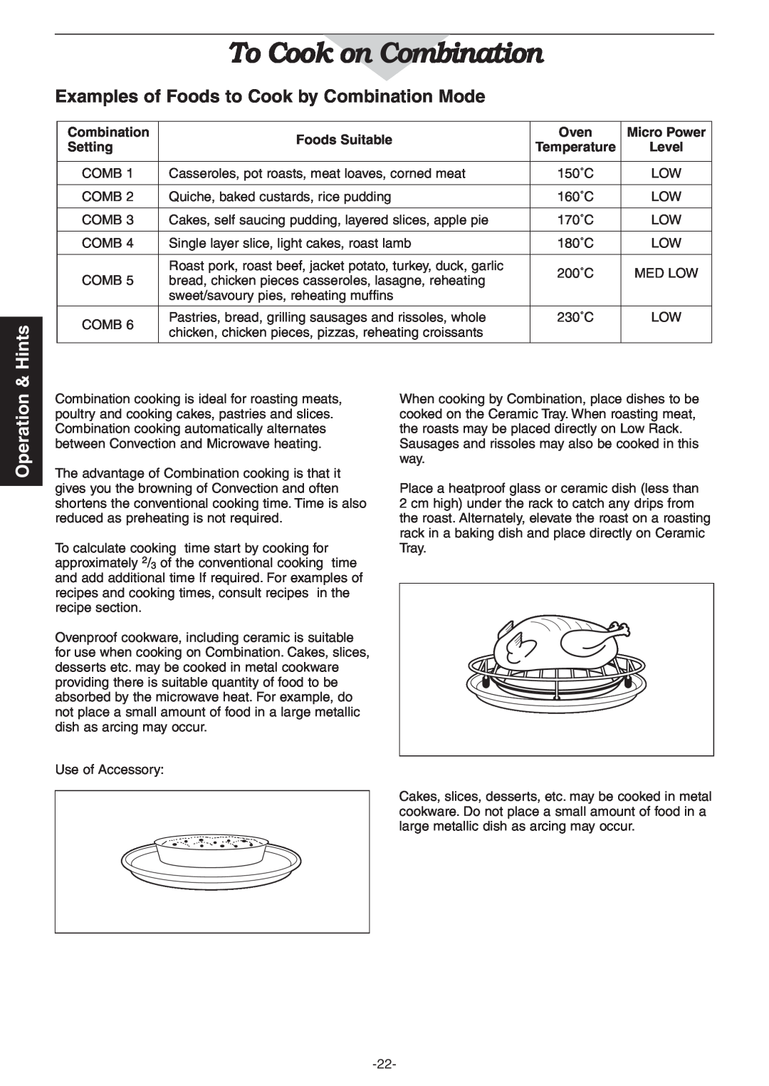 Panasonic NN-CD987W, NN-CD997S Hints, Examples of Foods to Cook by Combination Mode, Operation, To Cook on Combination 