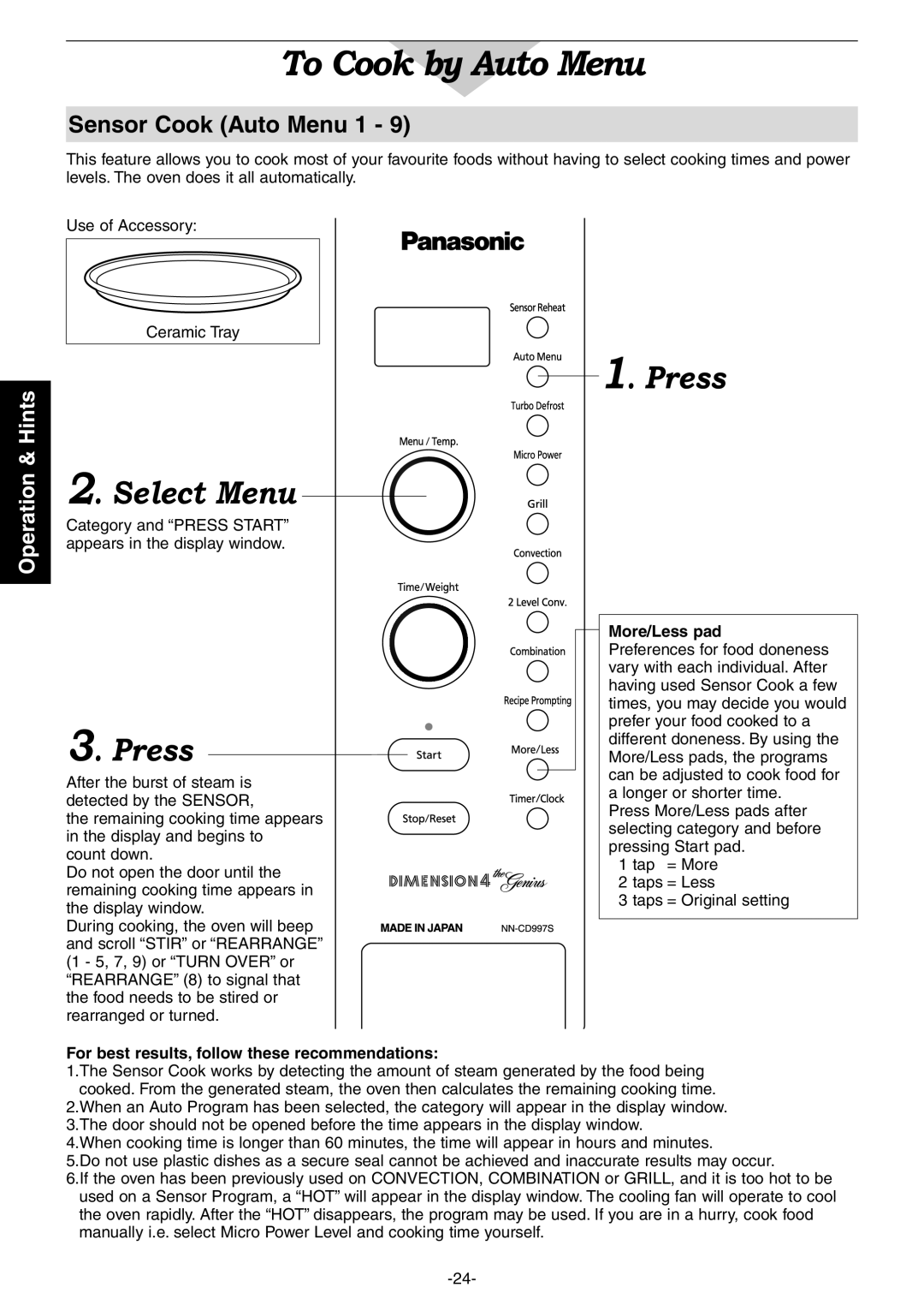 Panasonic NN-CD987W, NN-CD997S To Cook by Auto Menu, Select Menu, Sensor Cook Auto Menu, Press, Operation & Hints 